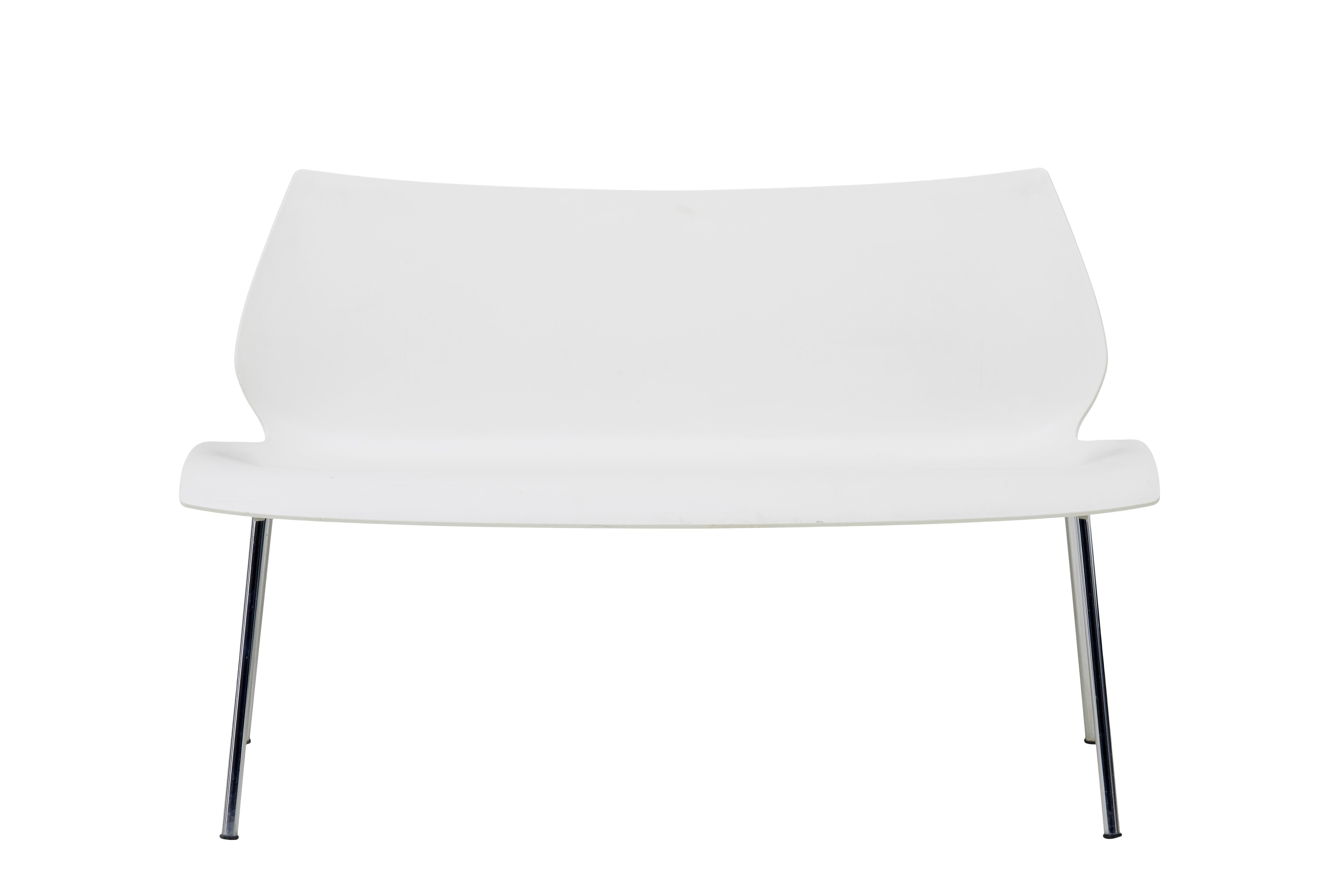 Pair of maui sofas by vico magistretti for kartell circa 1980.

Designed by well known italian architect and furniture designer vico magistretti (1920 - 2006)

Moulded plastic seats standing on tubular chromed legs.

Some light marking and minor