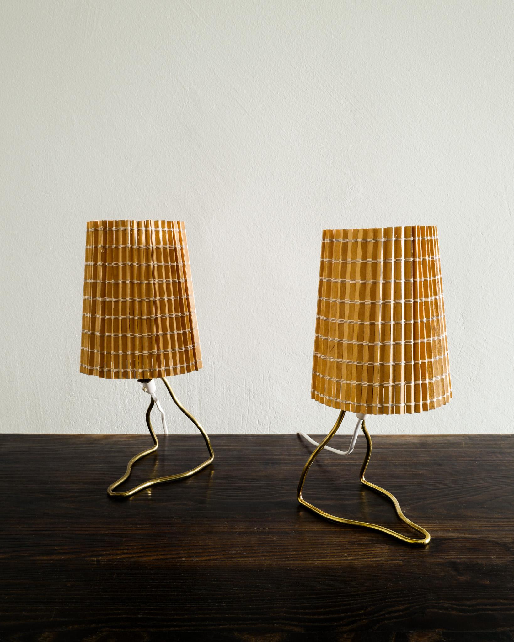 Scandinavian Modern Pair of Mauri Almari Bed Table Lamps in Brass & Straw Shades Produced by Idman 