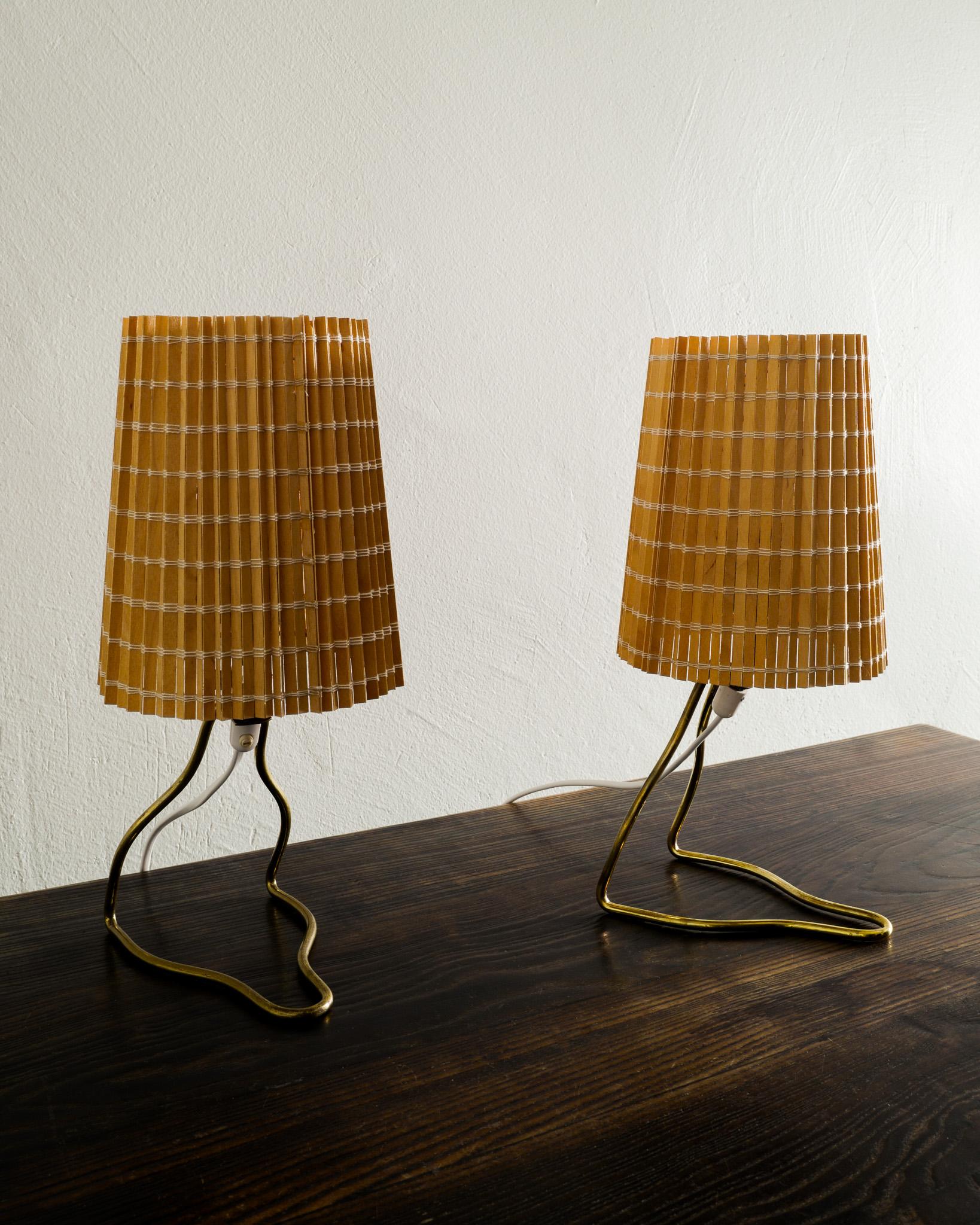 Finnish Pair of Mauri Almari Bed Table Lamps in Brass & Straw Shades Produced by Idman 