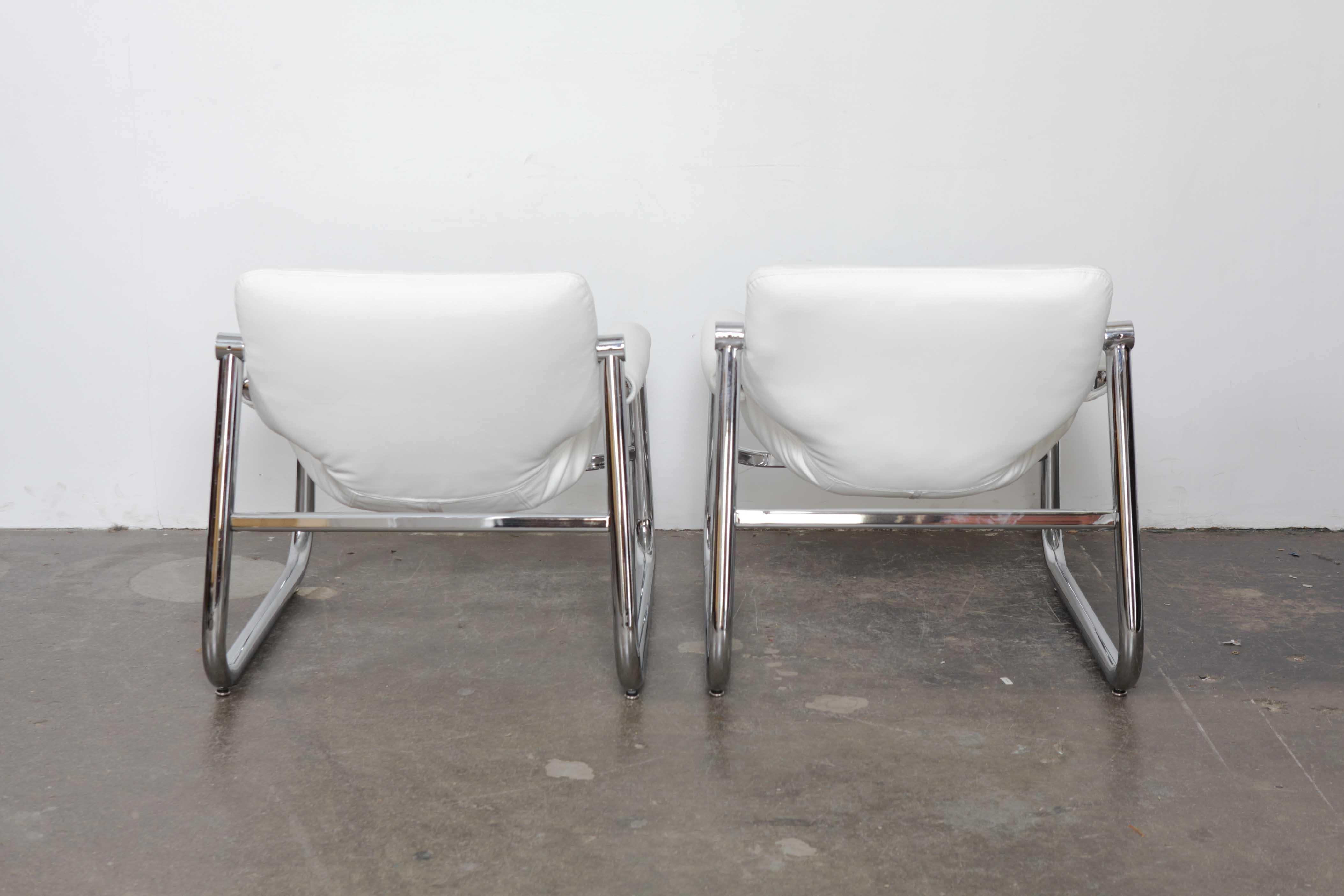 Brazilian Pair of Maurice Burke Tubular Chrome and White Leather Chairs for Pozza, Brazil For Sale