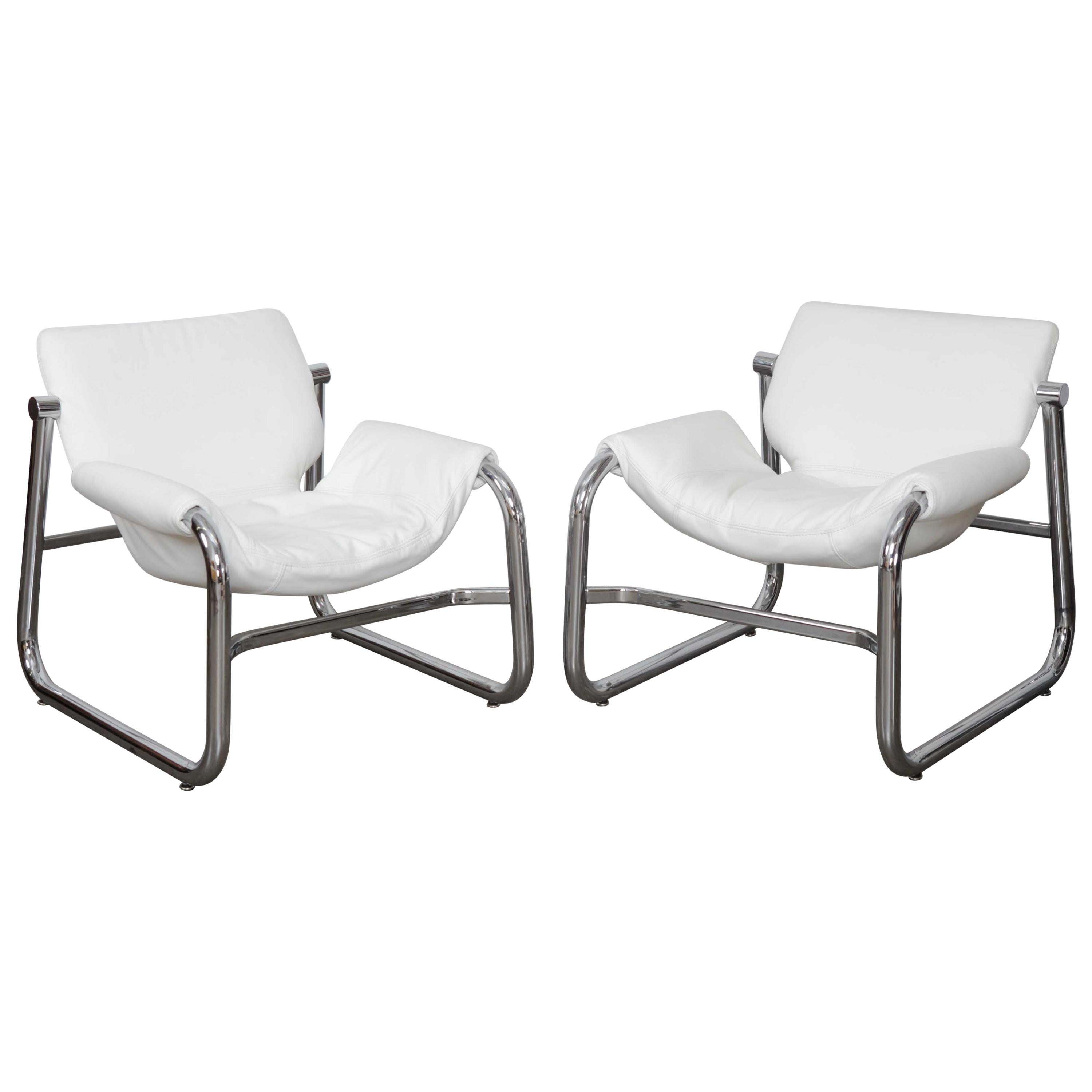 Pair of Maurice Burke Tubular Chrome and White Leather Chairs for Pozza, Brazil For Sale