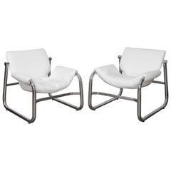 Retro Pair of Maurice Burke Tubular Chrome and White Leather Chairs for Pozza, Brazil