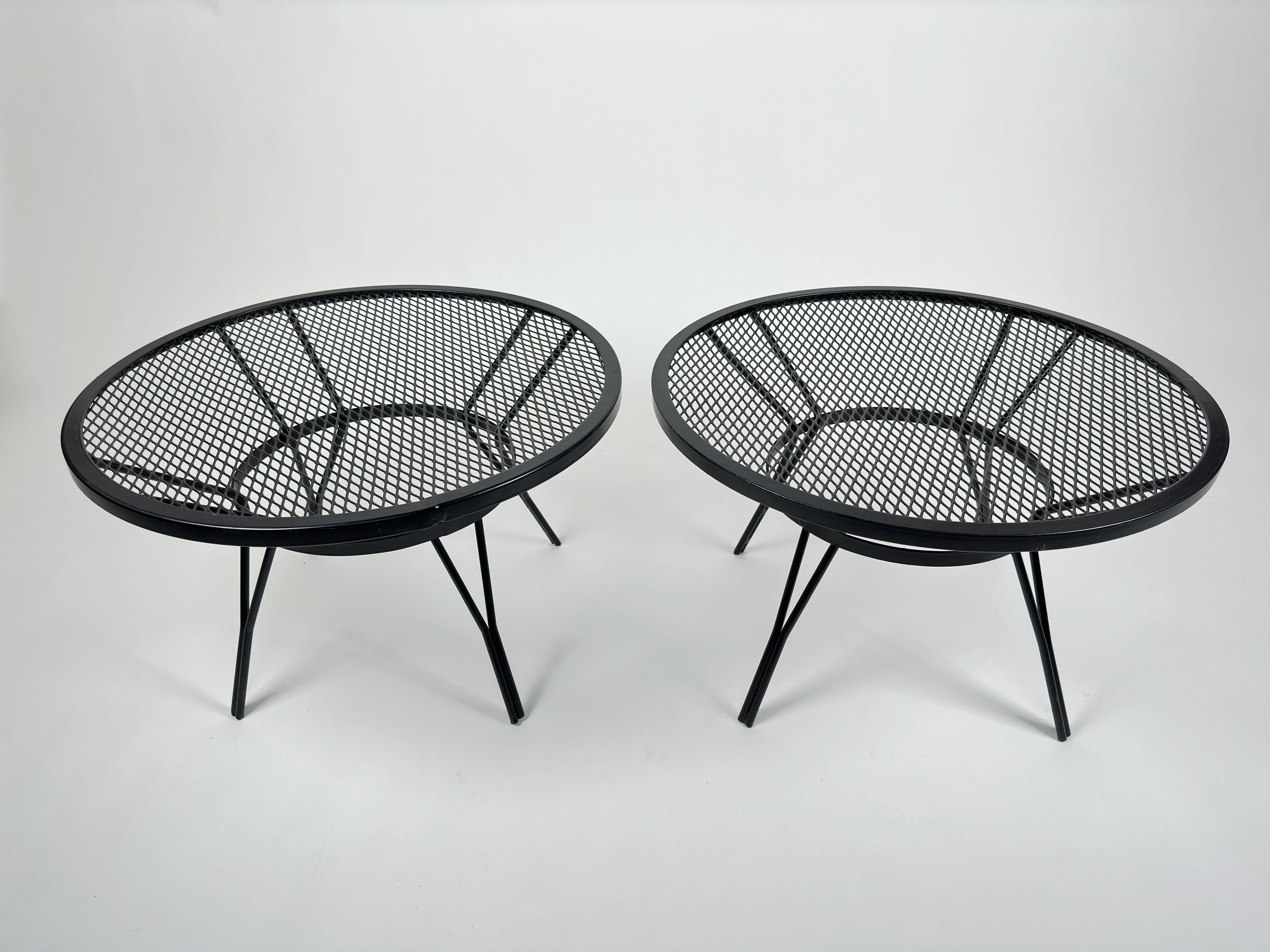A beautiful pair of Maurizio Tempestini for Salterini expanded metal side tables, perfect for outdoor or indoor use. These mid-century tables feature a classic, durable design, freshly powder-coated in satin black for a sleek, refreshed look. Their