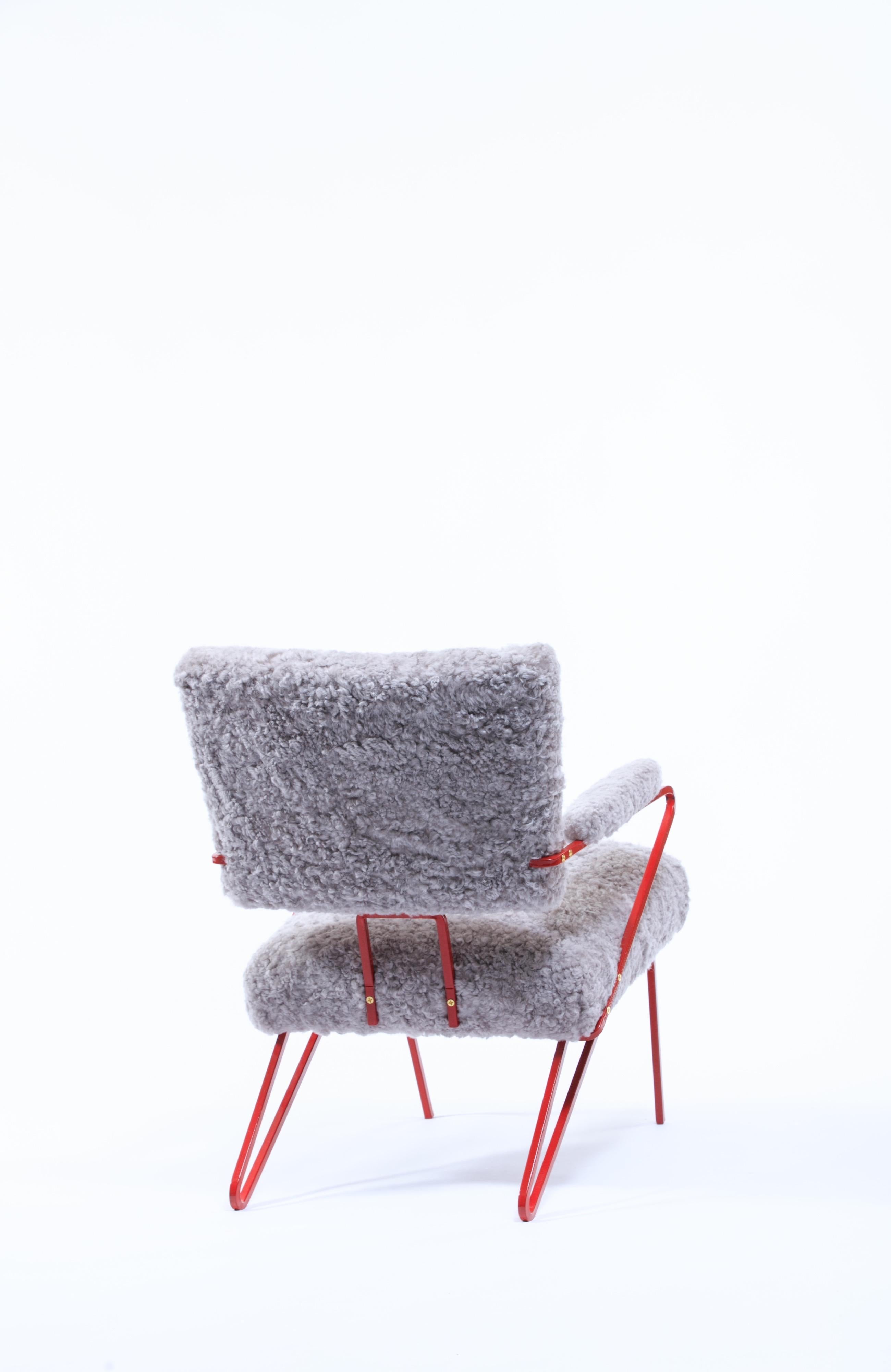 American Maurizio Tempestini Style Red Iron and Shearling Lounge Chairs circa 1950, Pair
