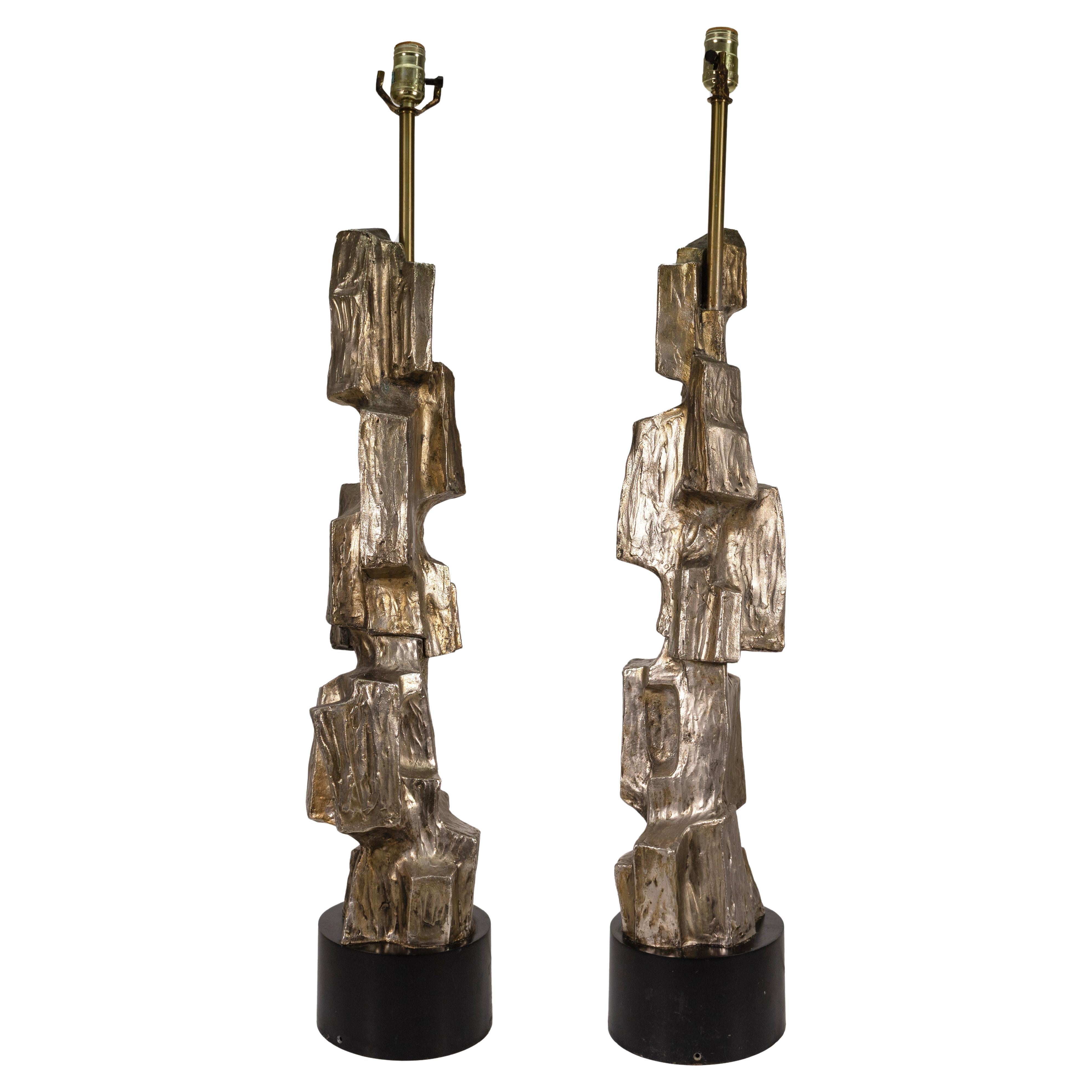Pair Of Maurizio Tempestini Tall Brutalist Bronze Table Lamps