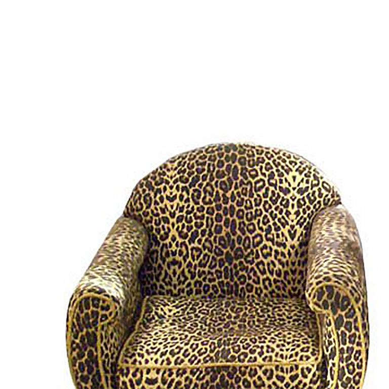 Pair of club chairs upholstered in faux leopard print by G. Mauser; Vienna 1955 private estate. Cert. of origin Budapest/Hungary.