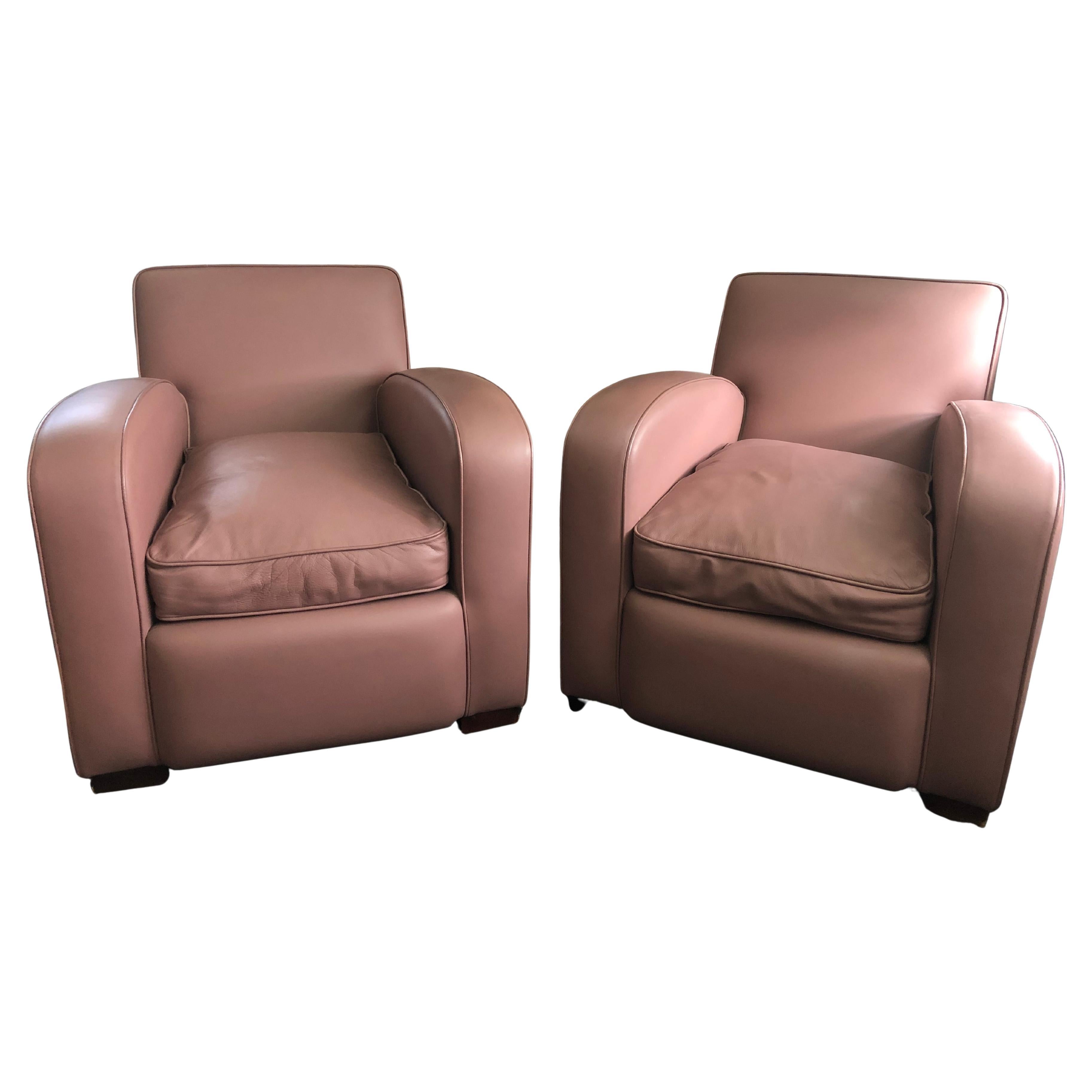 Pair of Mauve Modern Art Deco Style Leather Club Armchairs (set of 2)