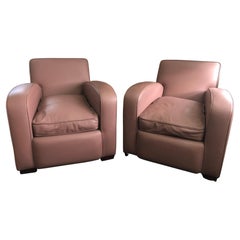 Pair of Mauve Modern Art Deco Style Leather Club Armchairs (set of 2)