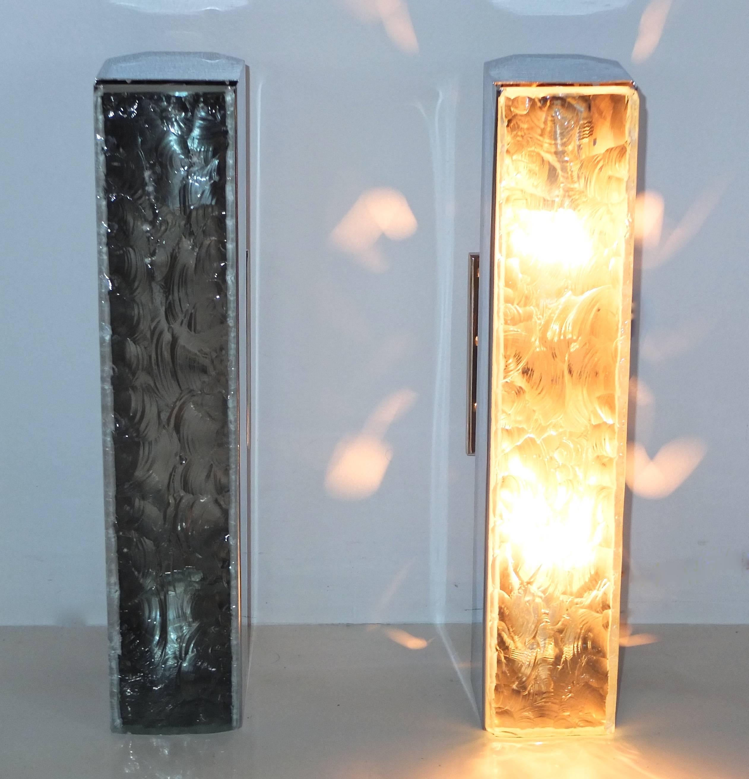 Brass Pair of Max Ingrand for Fontana Arte #2368 Chiseled Glass & Nickel Wall Sconces For Sale