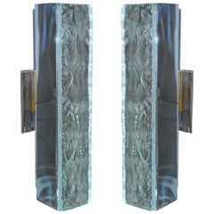 Pair of Max Ingrand for Fontana Arte #2368 Chiseled Glass & Nickel Wall Sconces