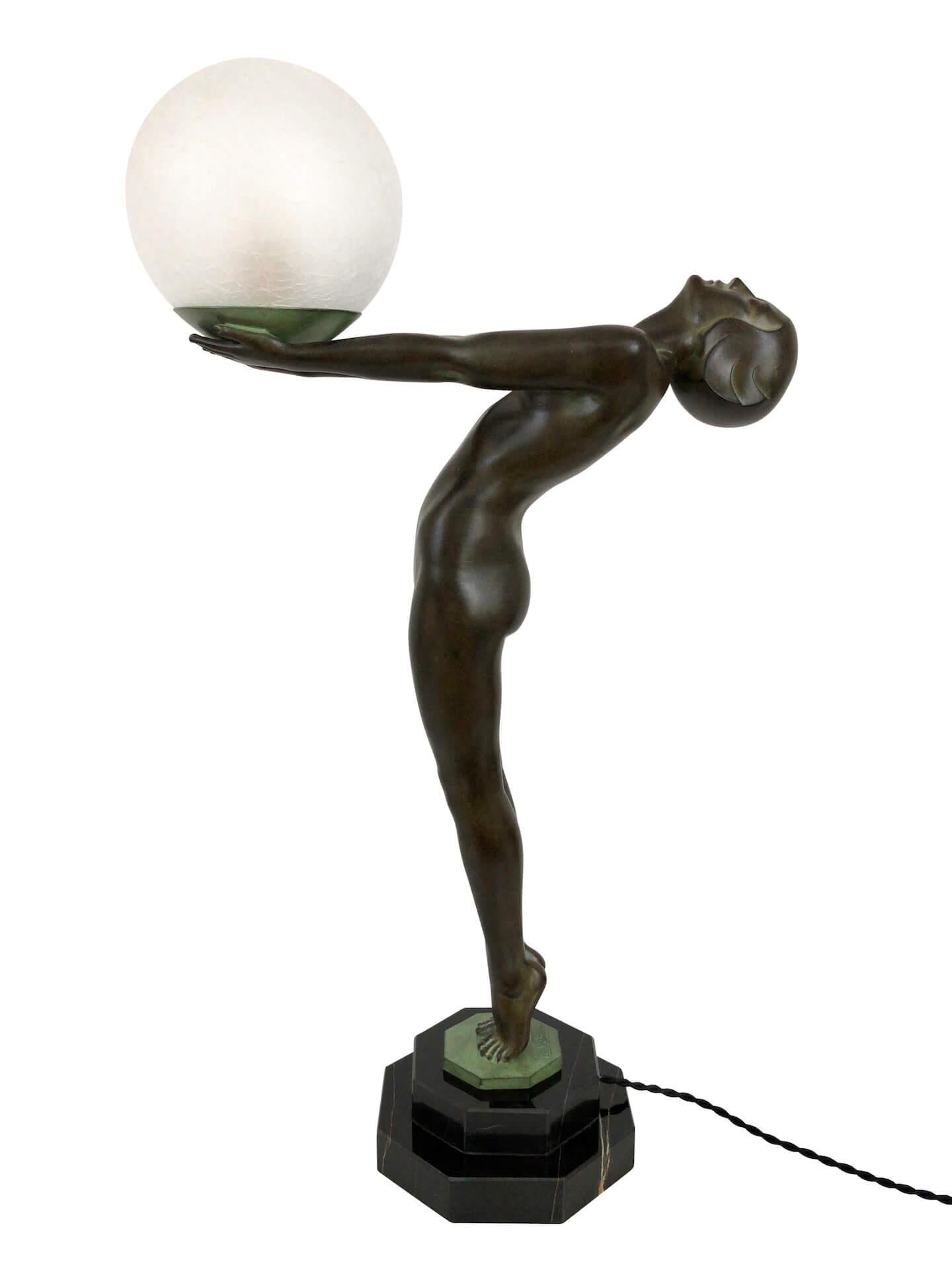 Pair of Max Le Verrier Clarte Art Deco Sculpture Lamps Nude with a Glass Ball 1