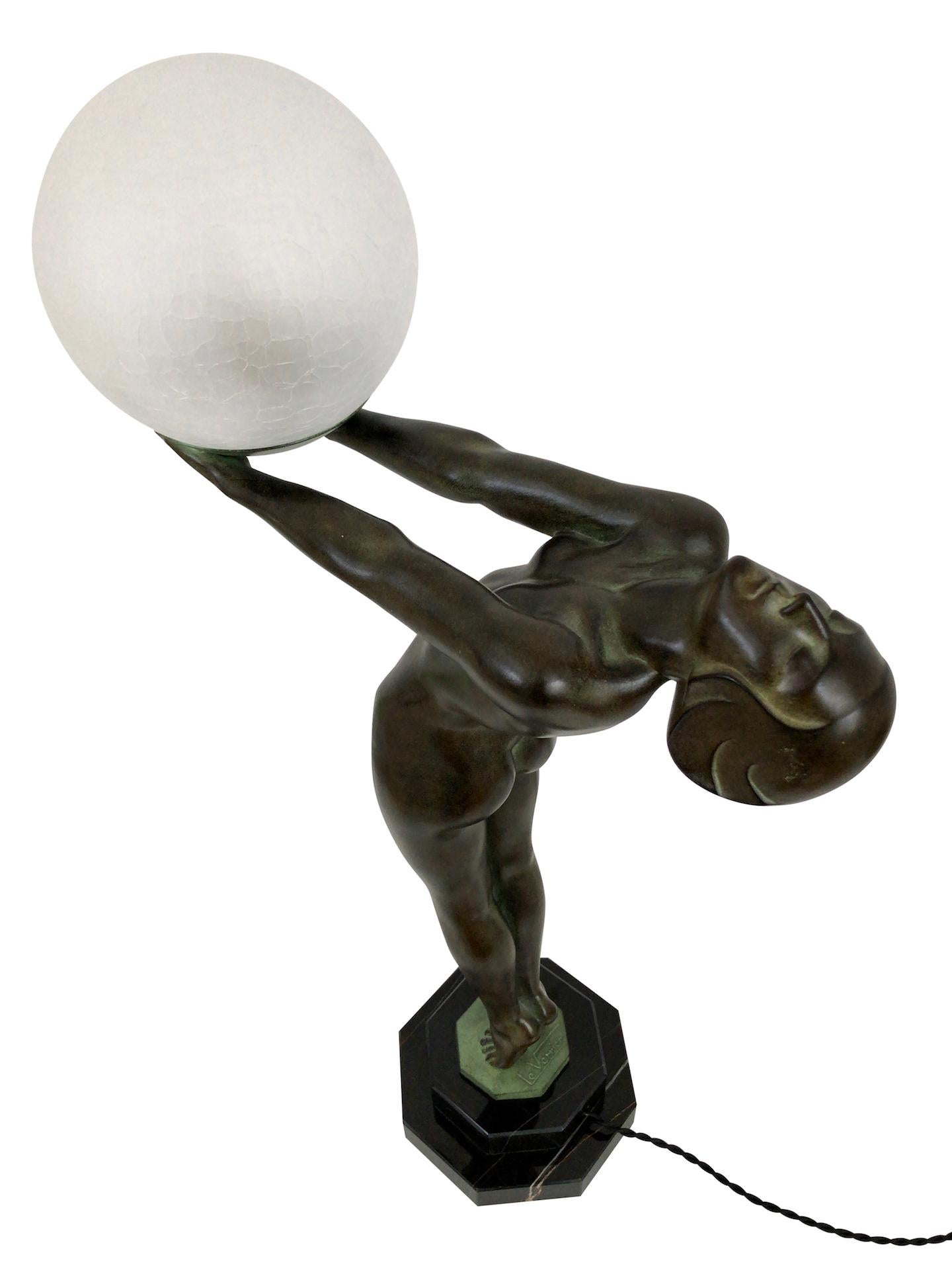 Pair of Max Le Verrier Clarte Art Deco Sculpture Lamps Nude with a Glass Ball 3