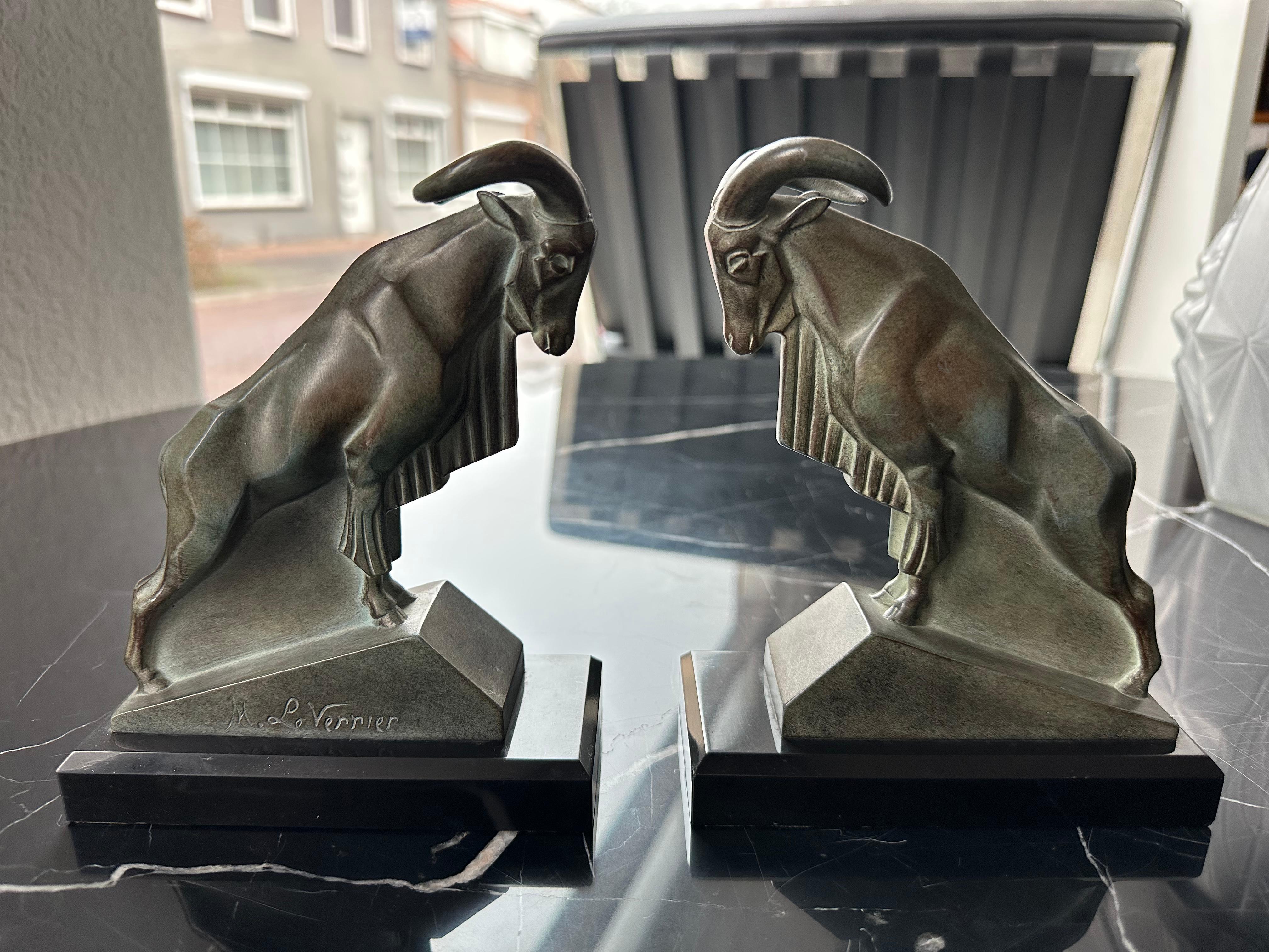 Pair of Max Le Verrier “Mouflon” Art Deco Bookends Original 1930 Black Marble  For Sale 5