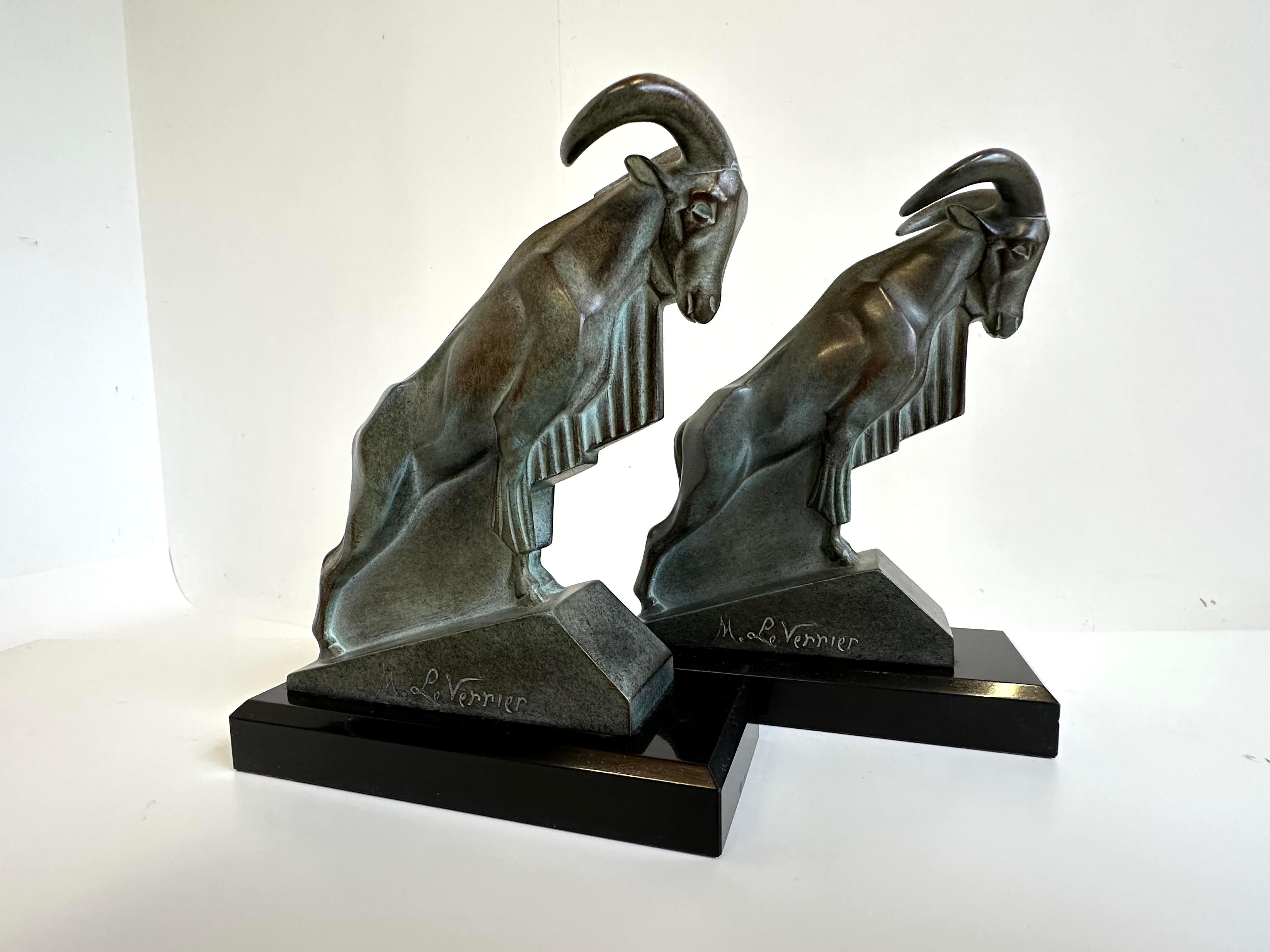 Pair of Max Le Verrier “Mouflon” Art Deco Bookends Original 1930 Black Marble  For Sale 5