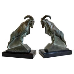 Pair of Max Le Verrier “Mouflon” Art Deco Bookends Original 1930 Black Marble 