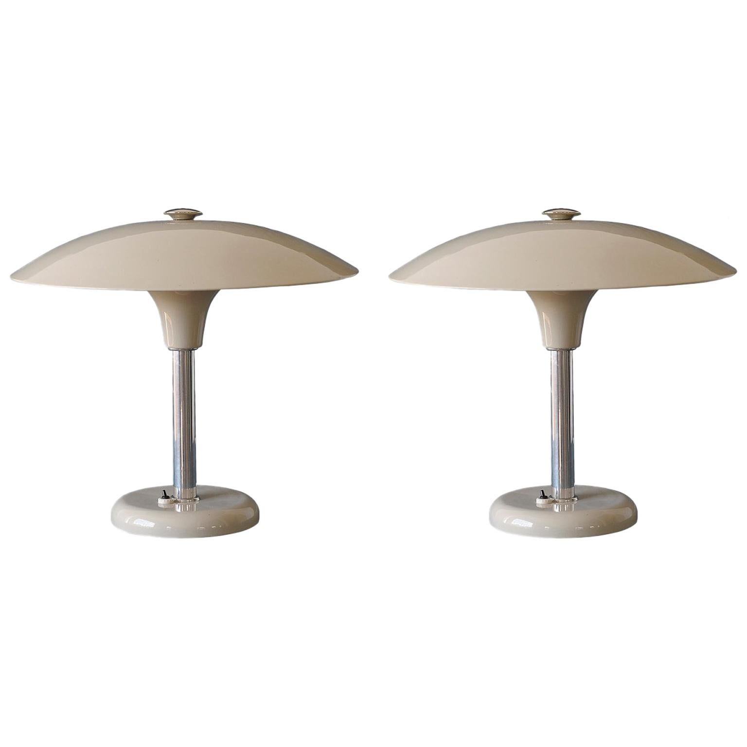 Pair of Max Schumacher Art Deco Ivory Painted Metal Dome Table Lamps, 1930s For Sale