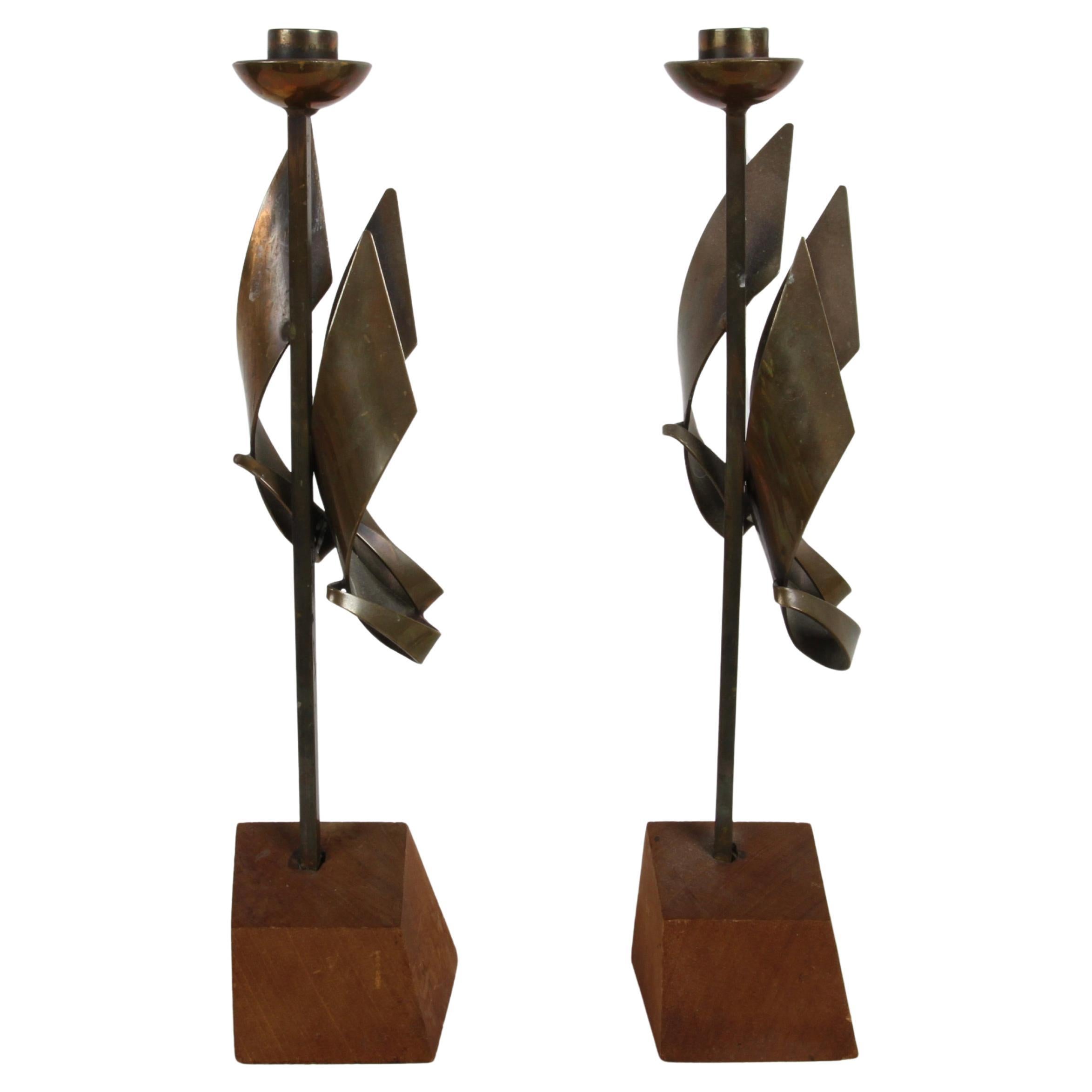 Pair of Maxwell M. Chayat 1960s Bronze Brutalist Flame Candleholders Sculpture