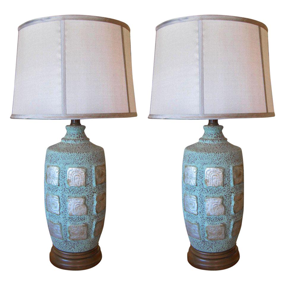 Pair of Mayan Glyph Ceramic Lamps with Faux Copper Oxidized Finish For Sale