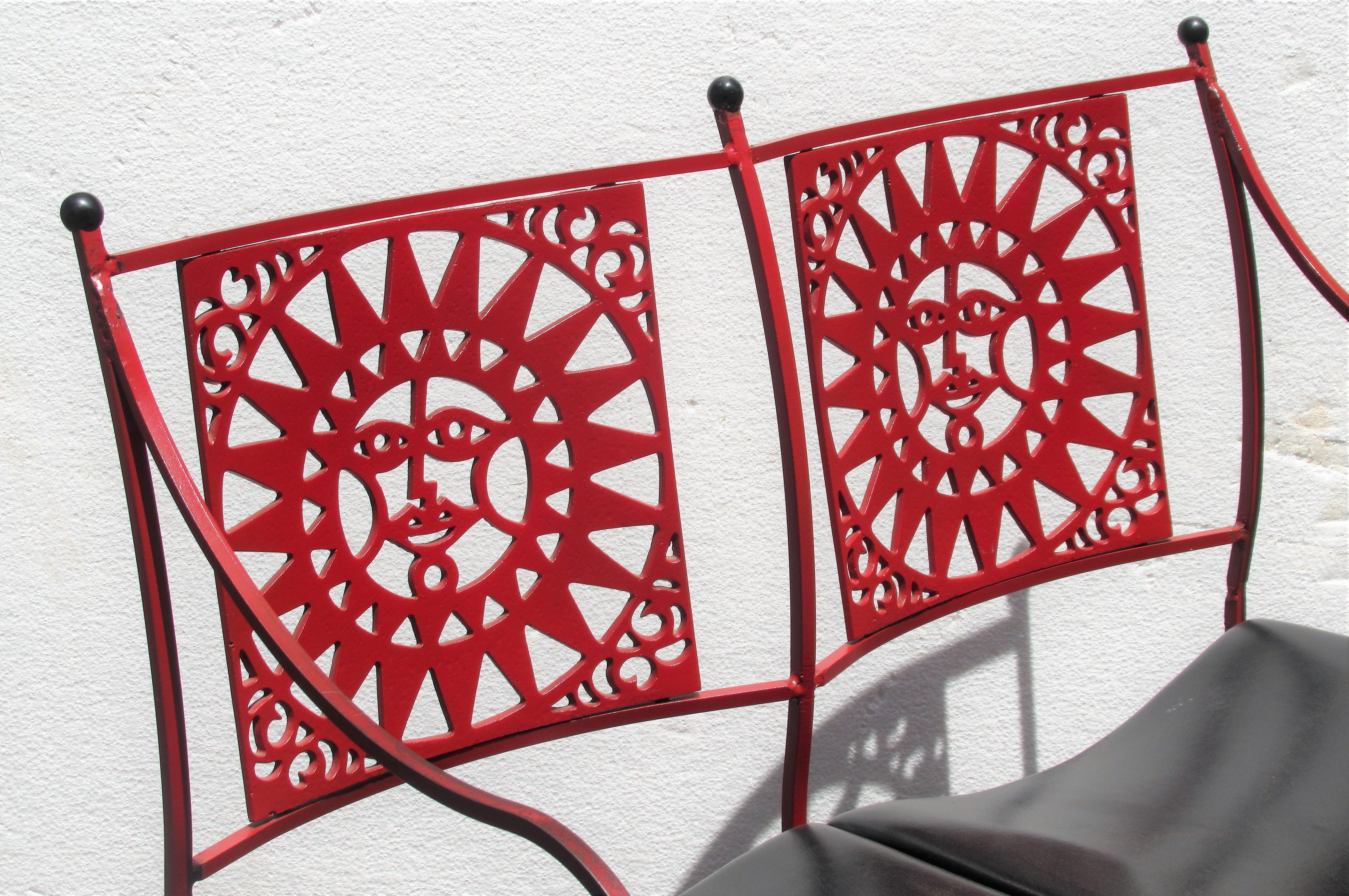 American  Mayan Sun Two Seat Iron Bench Settees by Arthur Umanoff