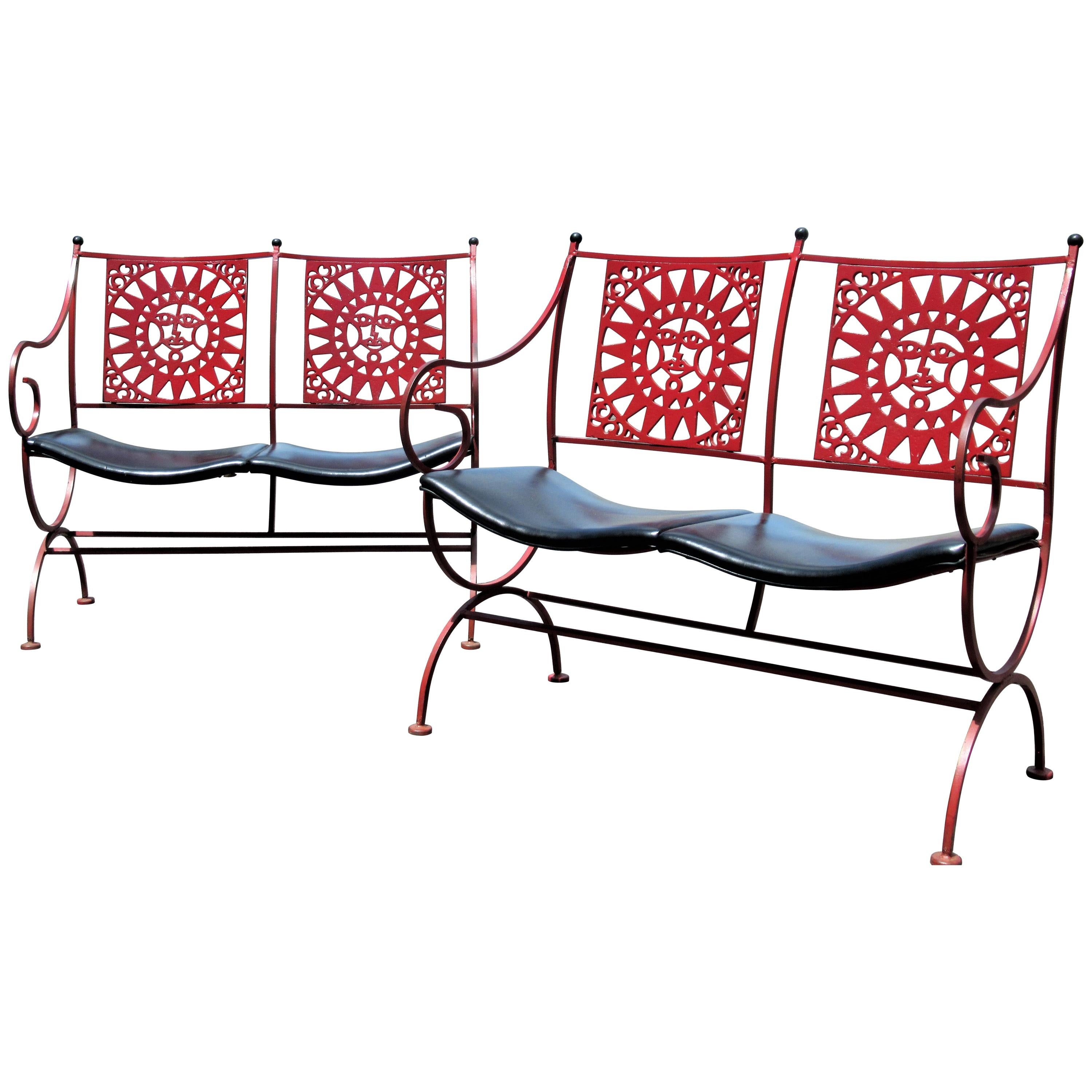  Mayan Sun Two Seat Iron Bench Settees by Arthur Umanoff