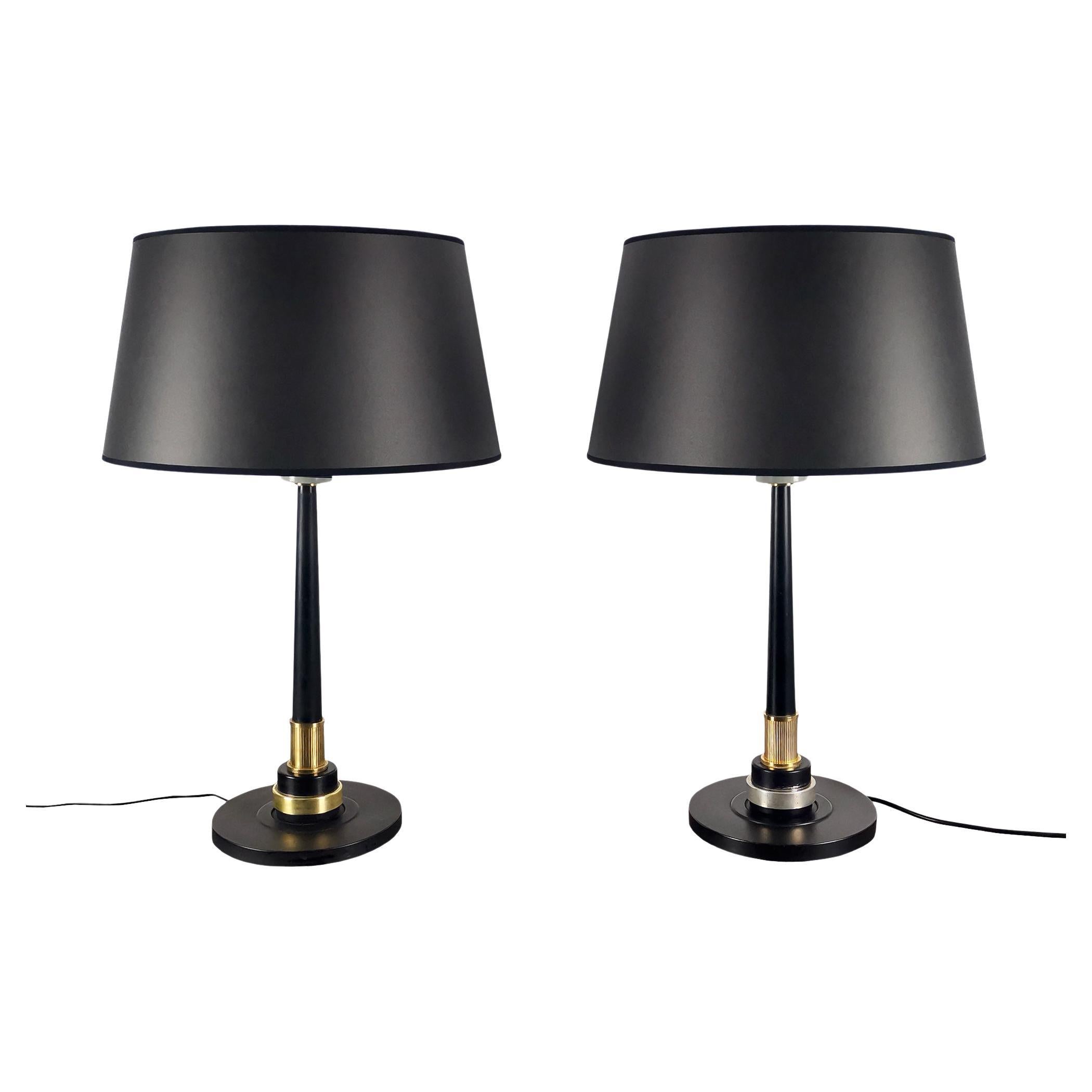 Pair of Mid-Century Modern Mazda Lamps With New Lampshades - France, 1950 For Sale