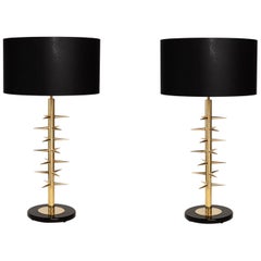 Mazda Style Pair of Italian Table Lamps Gilded Brass and Murano Glass