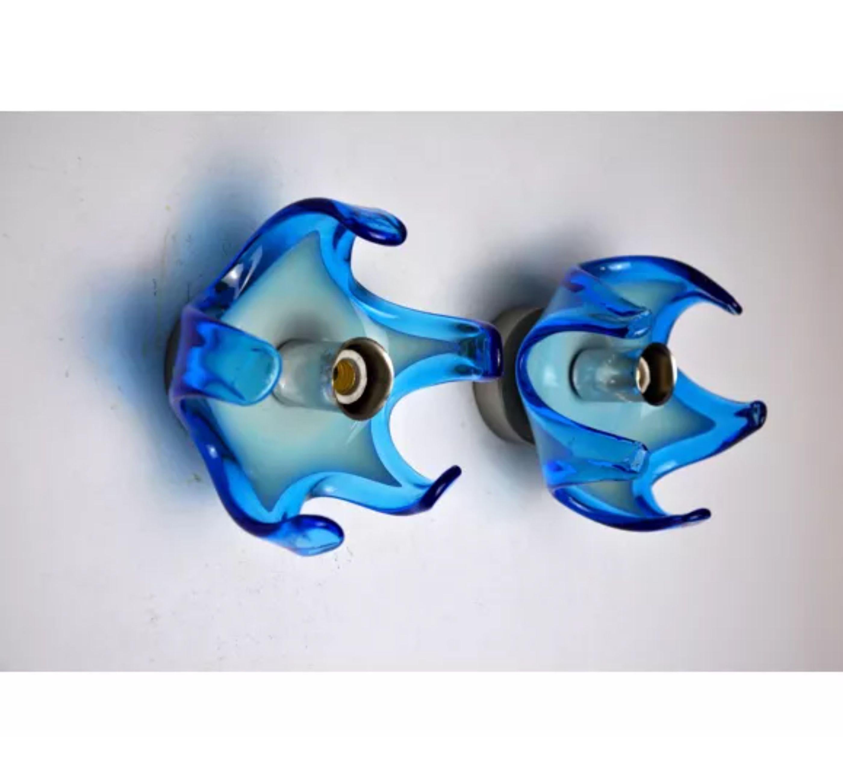 Italian Pair of Mazzega Murano Blue Blown Glass Sconces Italy 1970 For Sale