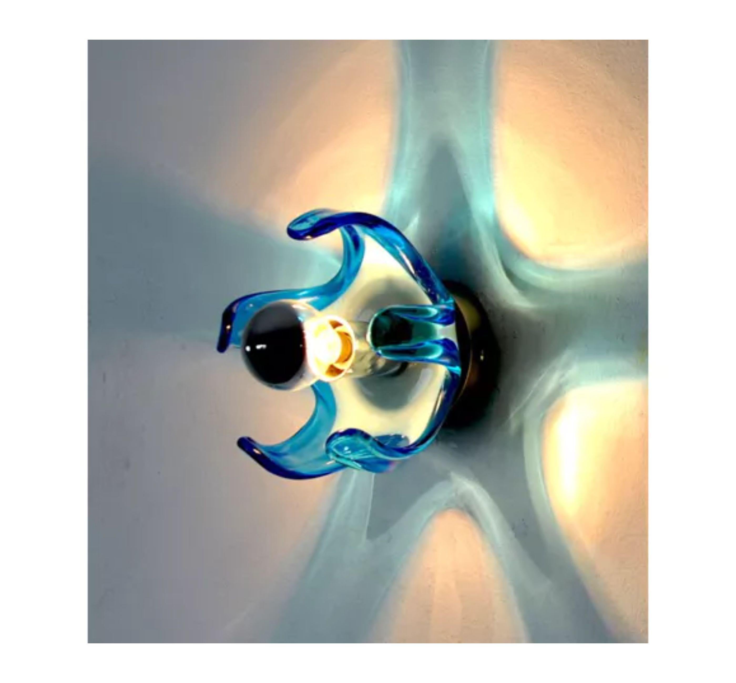 Late 20th Century Pair of Mazzega Murano Blue Blown Glass Sconces Italy 1970 For Sale