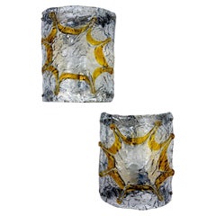 Pair of Mazzega Murano Wall Lights, Orange Frosted Textured Glass, Italy, 1970s