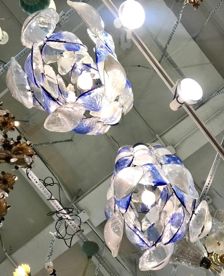 Mazzega of Italy 1970s Glass Disk Column Chandeliers, pair In Good Condition In New York, NY