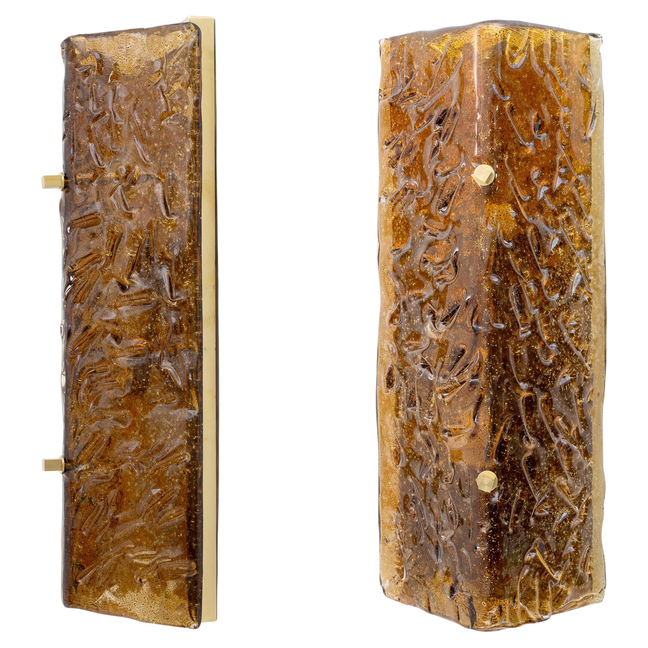 Coppia di lampade in stile Mazzega Murano in vetro ambrato e ottone