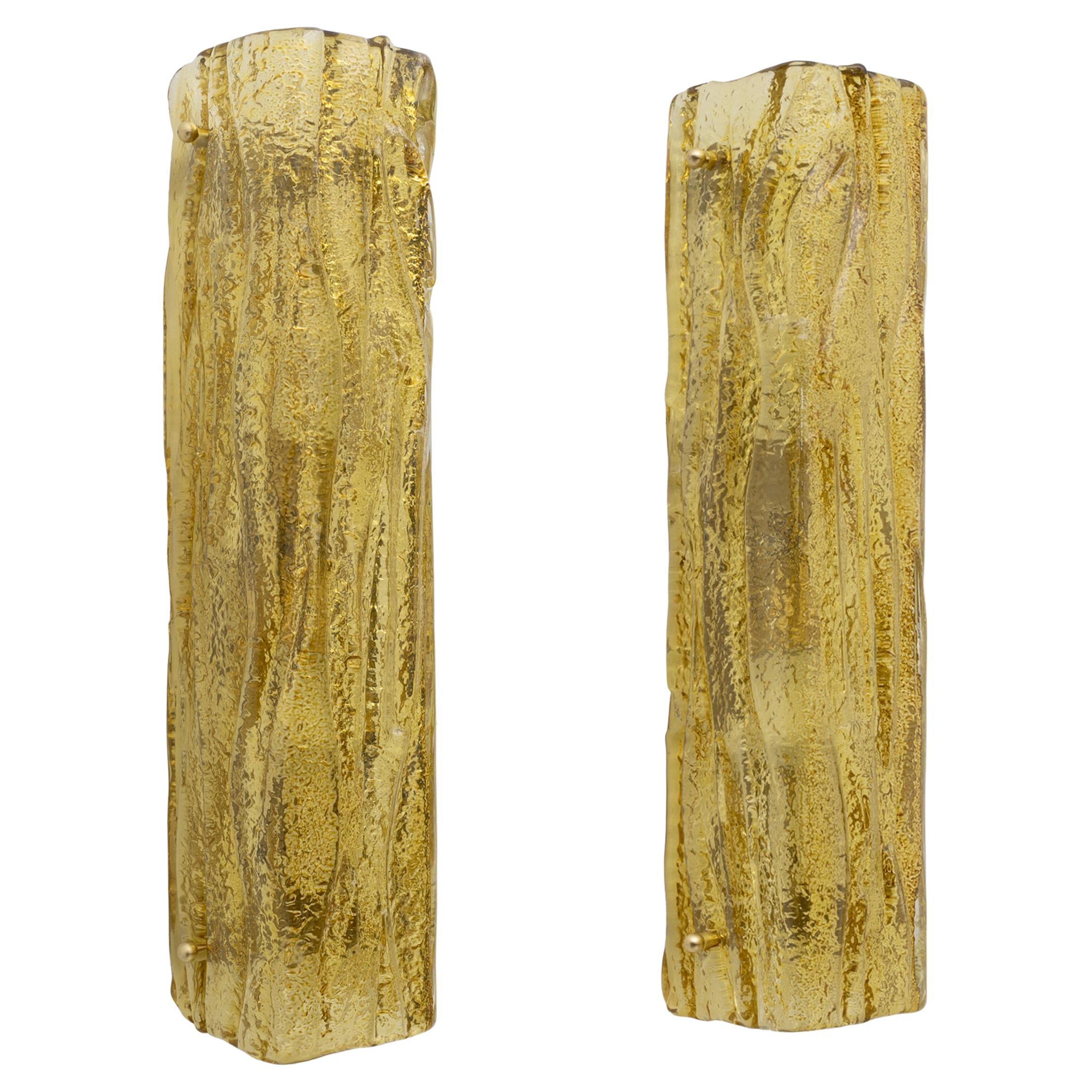Pair of Mazzega-Style Gold Yellow Murano Glass Sconces For Sale
