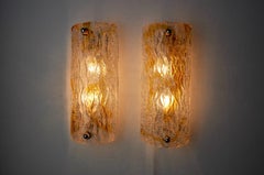 Pair of Mazzega Wall Lamps, Orange Murano Blown Glass, Italy, circa 1960