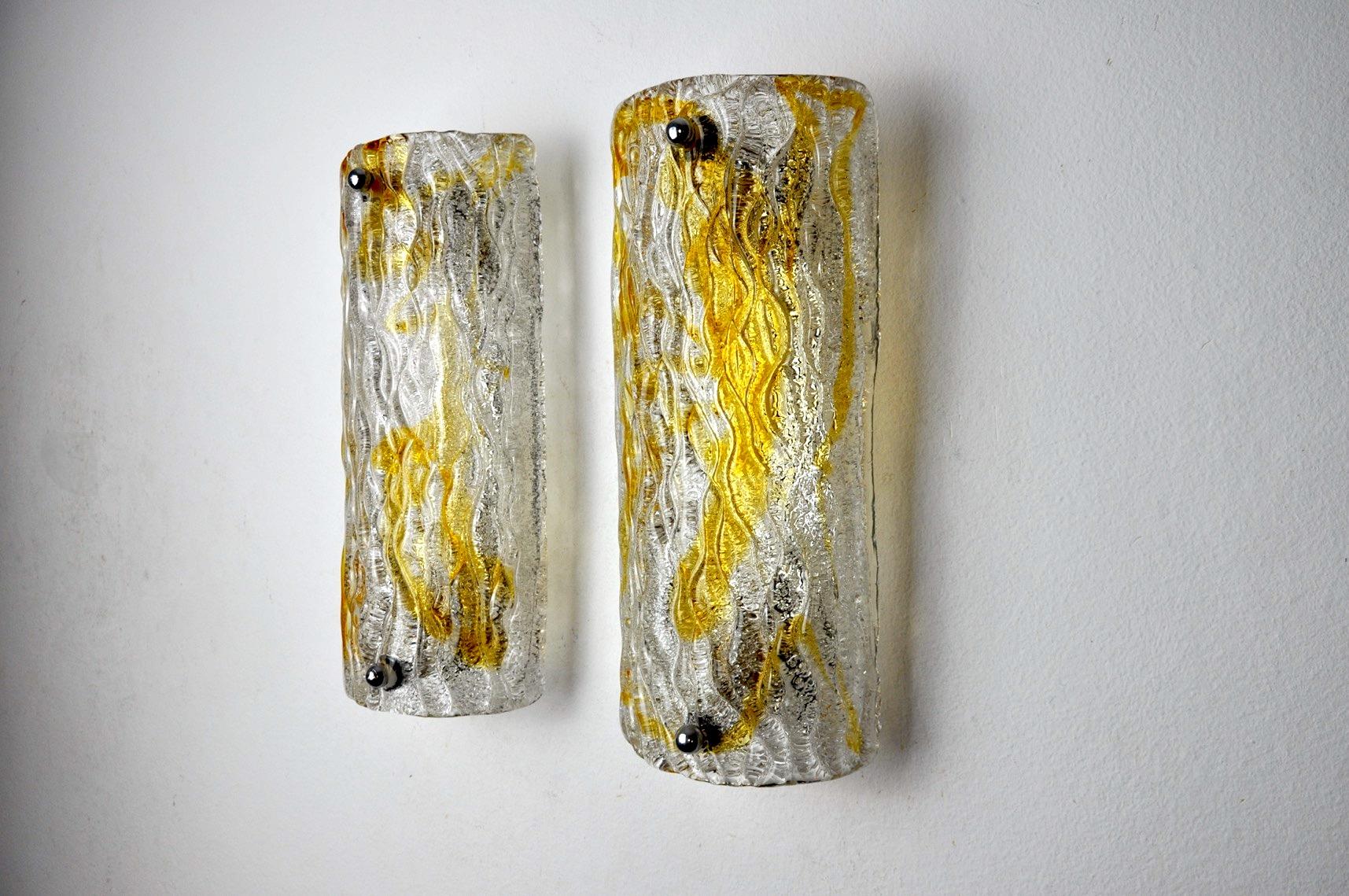 Hollywood Regency Pair of Mazzega Wall Lamps, Orange Murano Blown Glass, Italy, circa 1960 For Sale