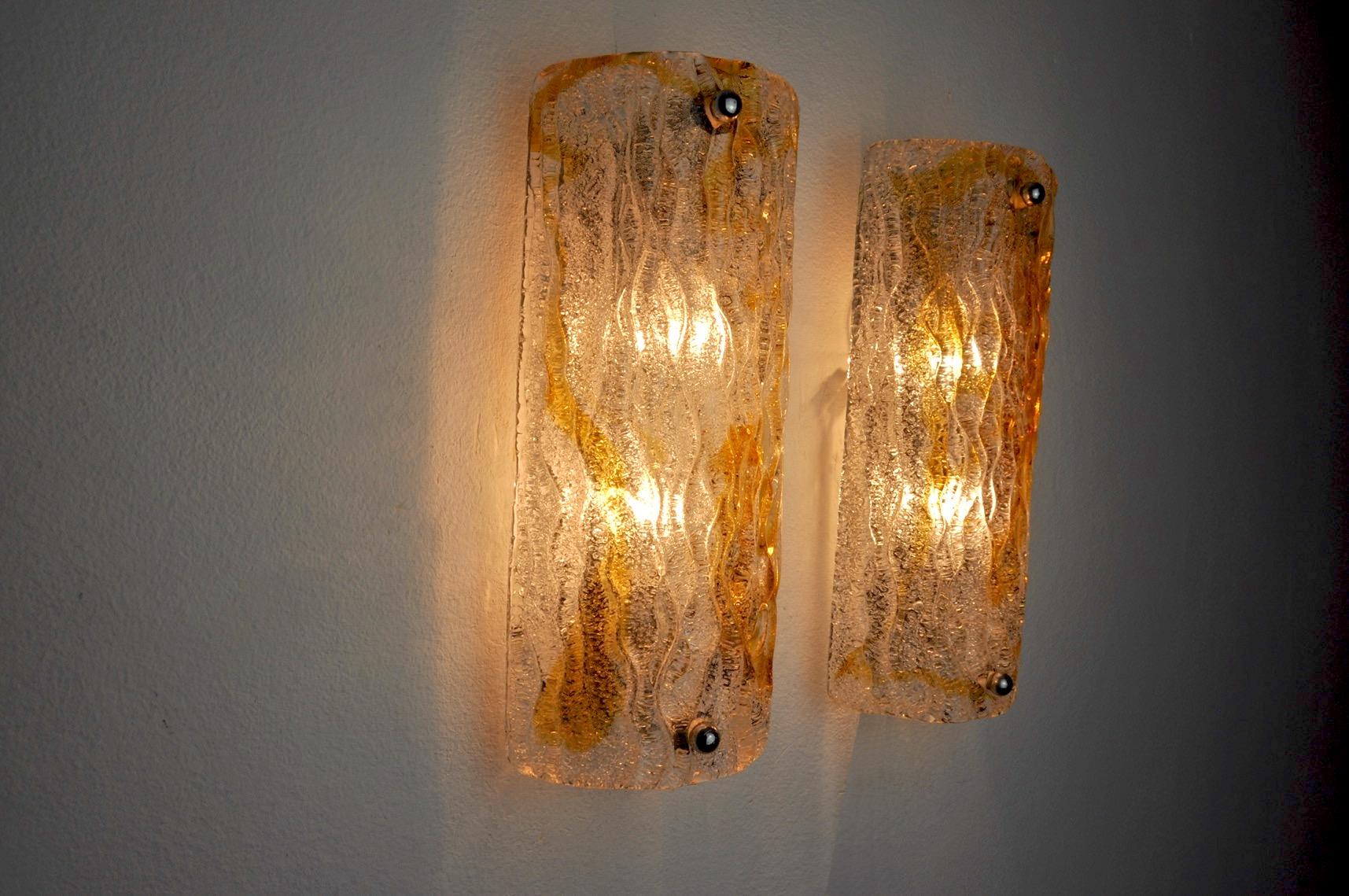 Mid-20th Century Pair of Mazzega Wall Lamps, Orange Murano Blown Glass, Italy, circa 1960 For Sale