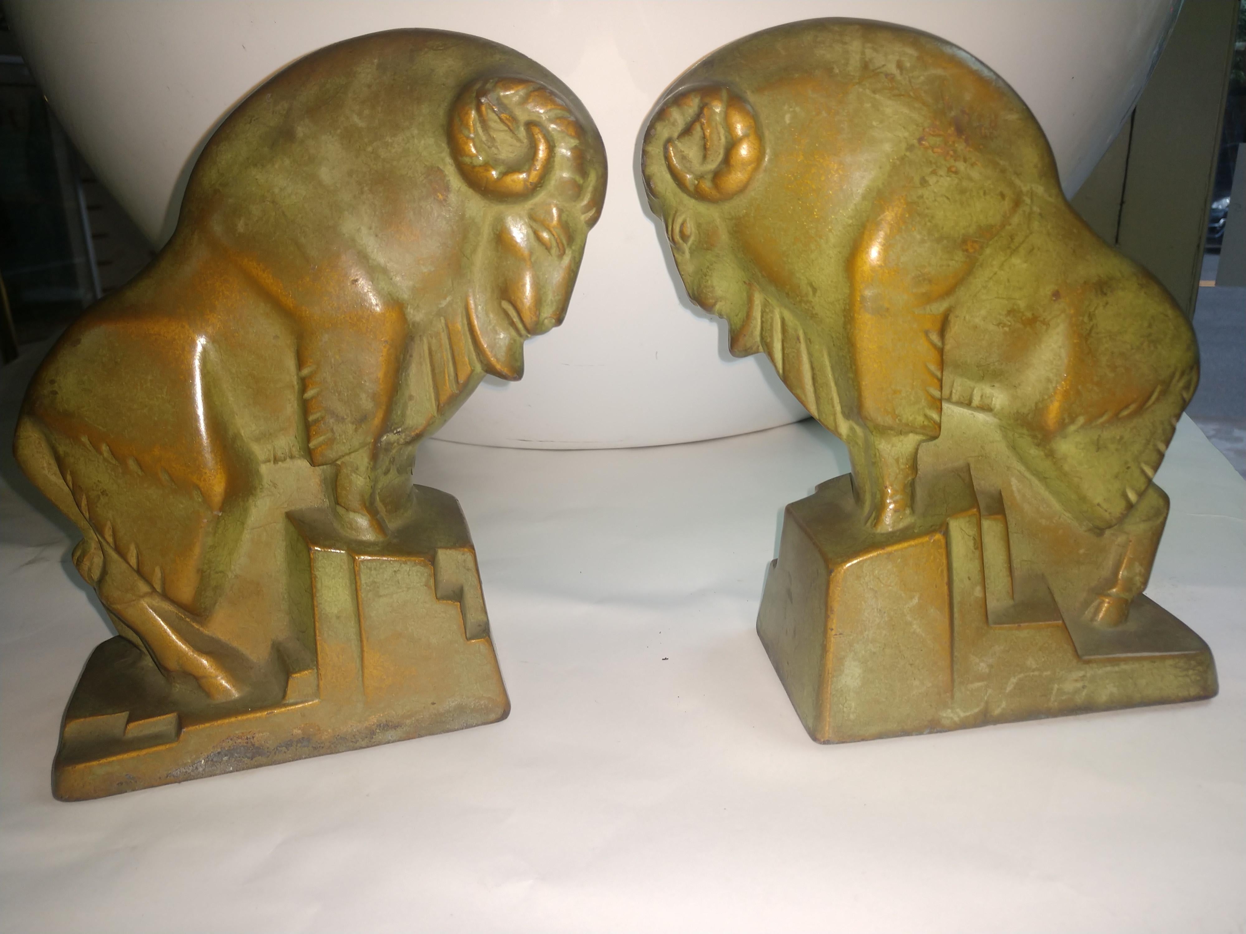 Pair of McClelland & Barclay Cubist Big Horn Sheep Mountain Goat Bronze Bookends 3