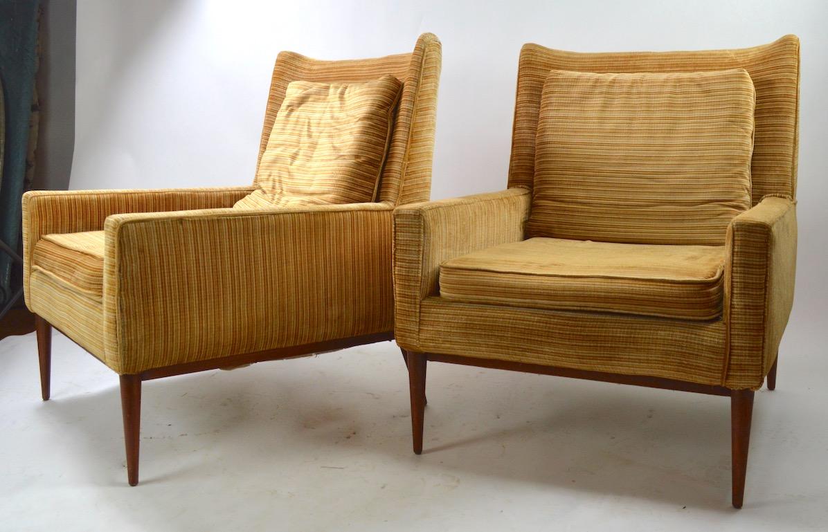 Very nice pair of Lounge Chairs by Paul McCobb for Directional. These chairs are in very good original condition, showing only very minor cosmetic wear, normal and consistent with age. Seat H 16 inch x Arm H 20 inch.