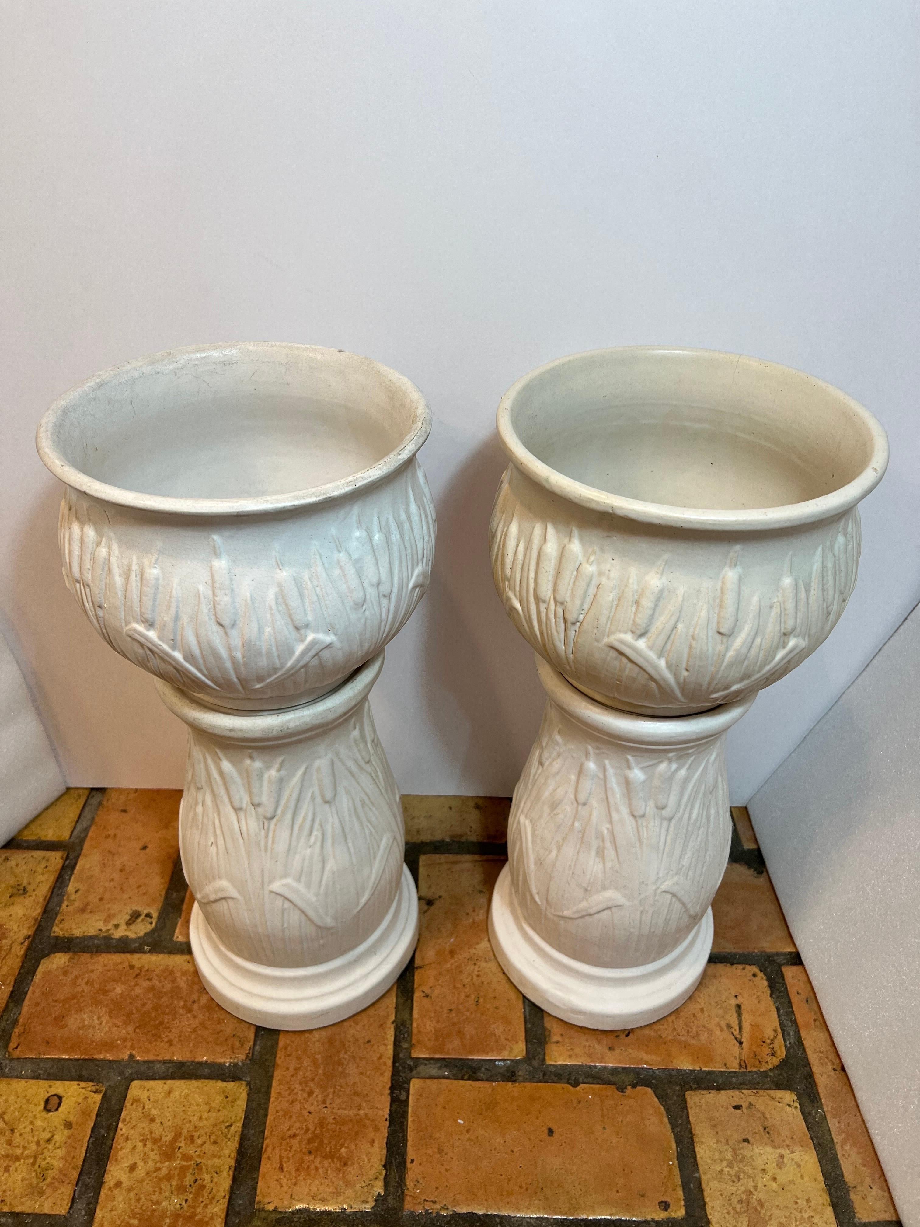 Arts and Crafts Pair of Robinson Rainsbottom Jardiniere and Pedestals with a Cattail Design
