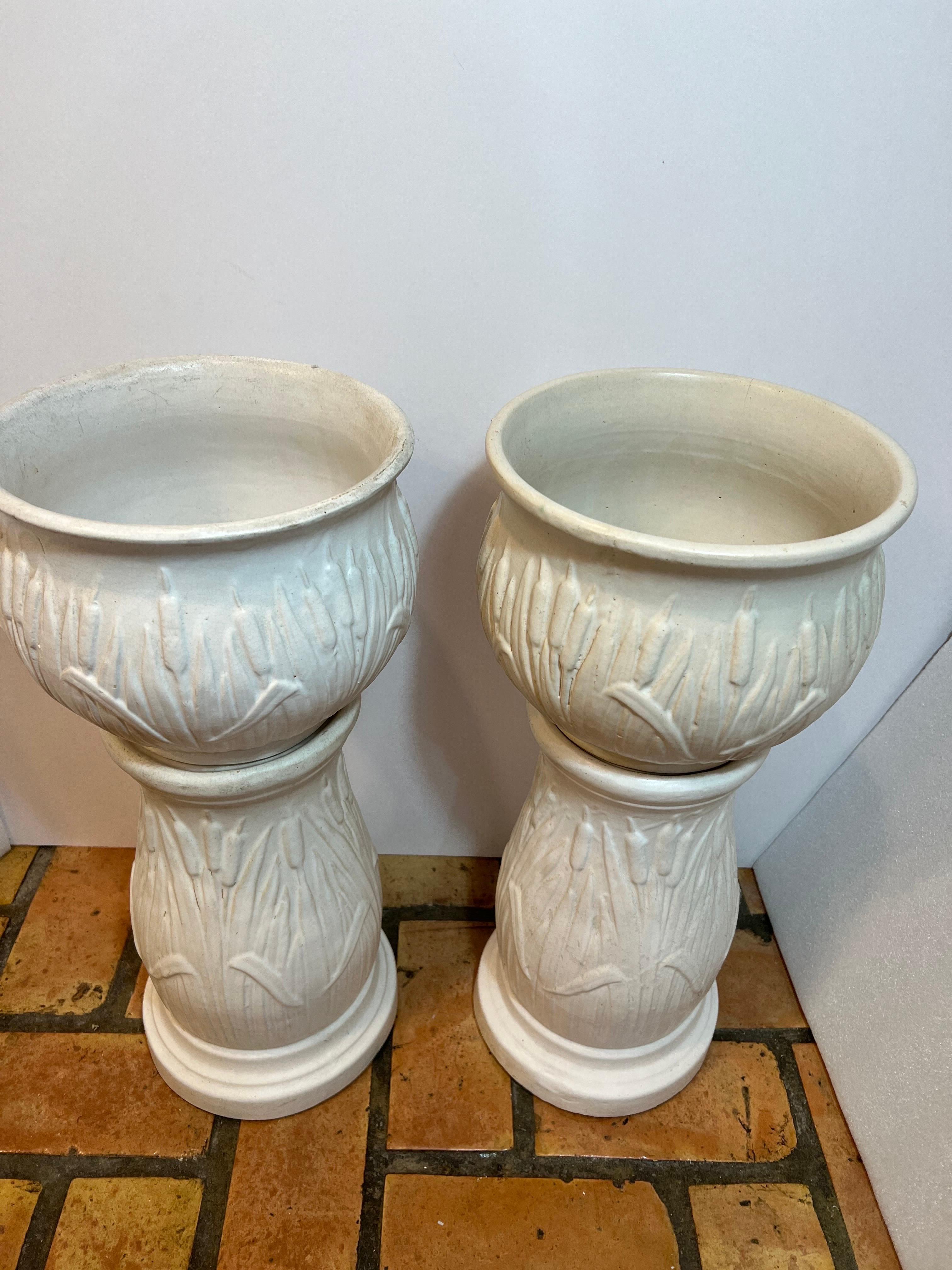 Ceramic Pair of Robinson Rainsbottom Jardiniere and Pedestals with a Cattail Design