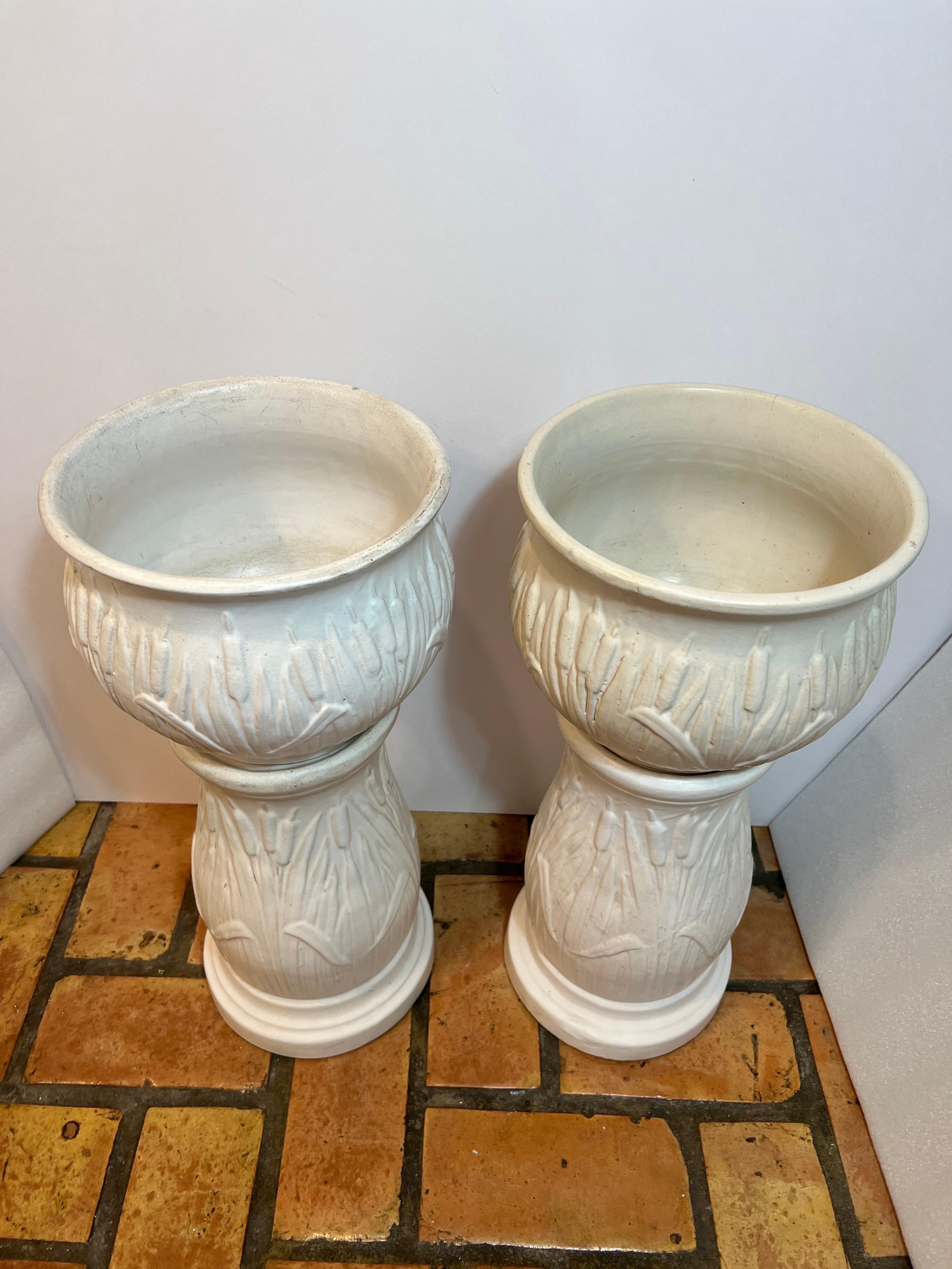 Pair of Robinson Rainsbottom Jardiniere and Pedestals with a Cattail Design 1