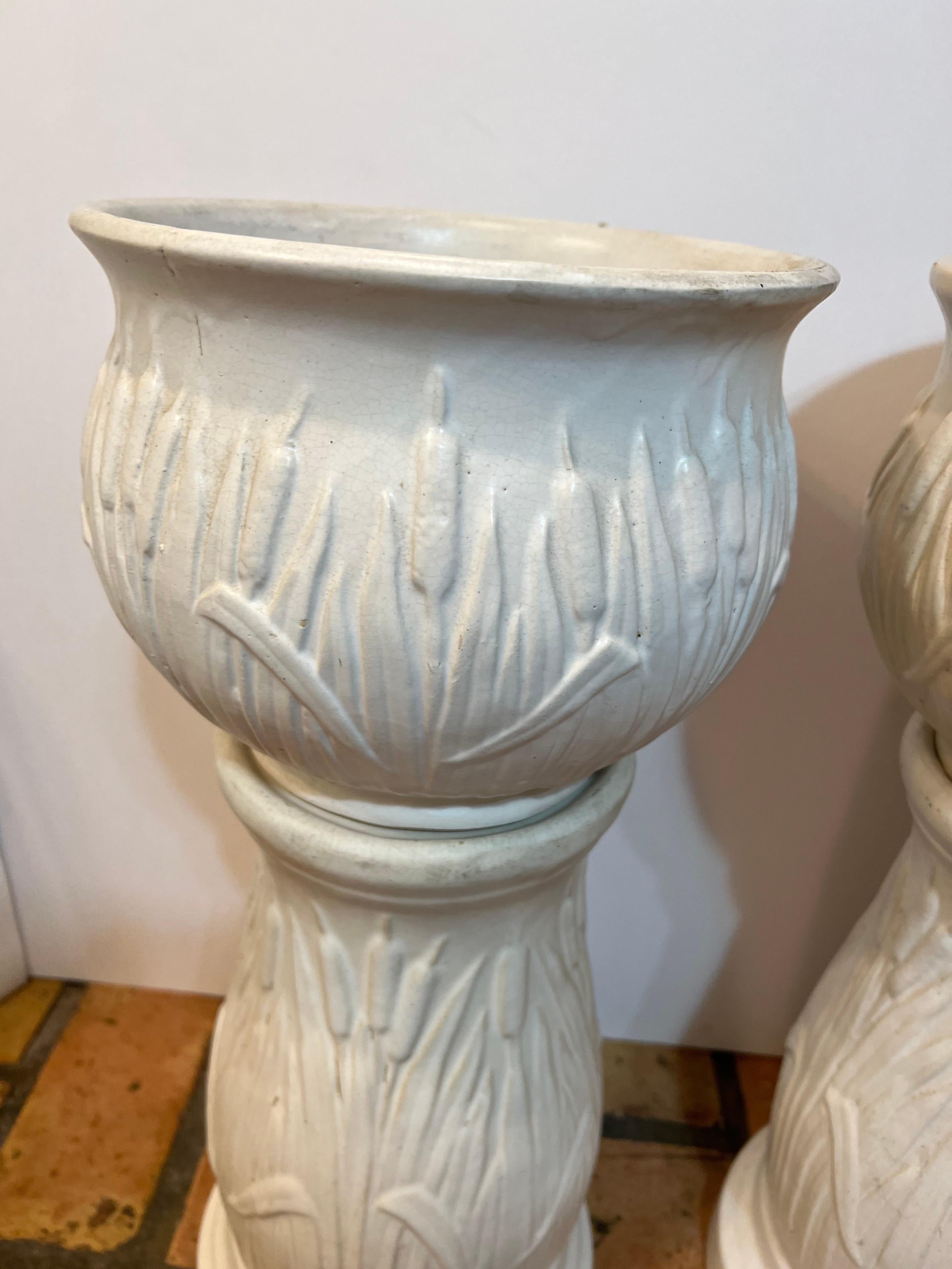 Pair of Robinson Rainsbottom Jardiniere and Pedestals with a Cattail Design 3