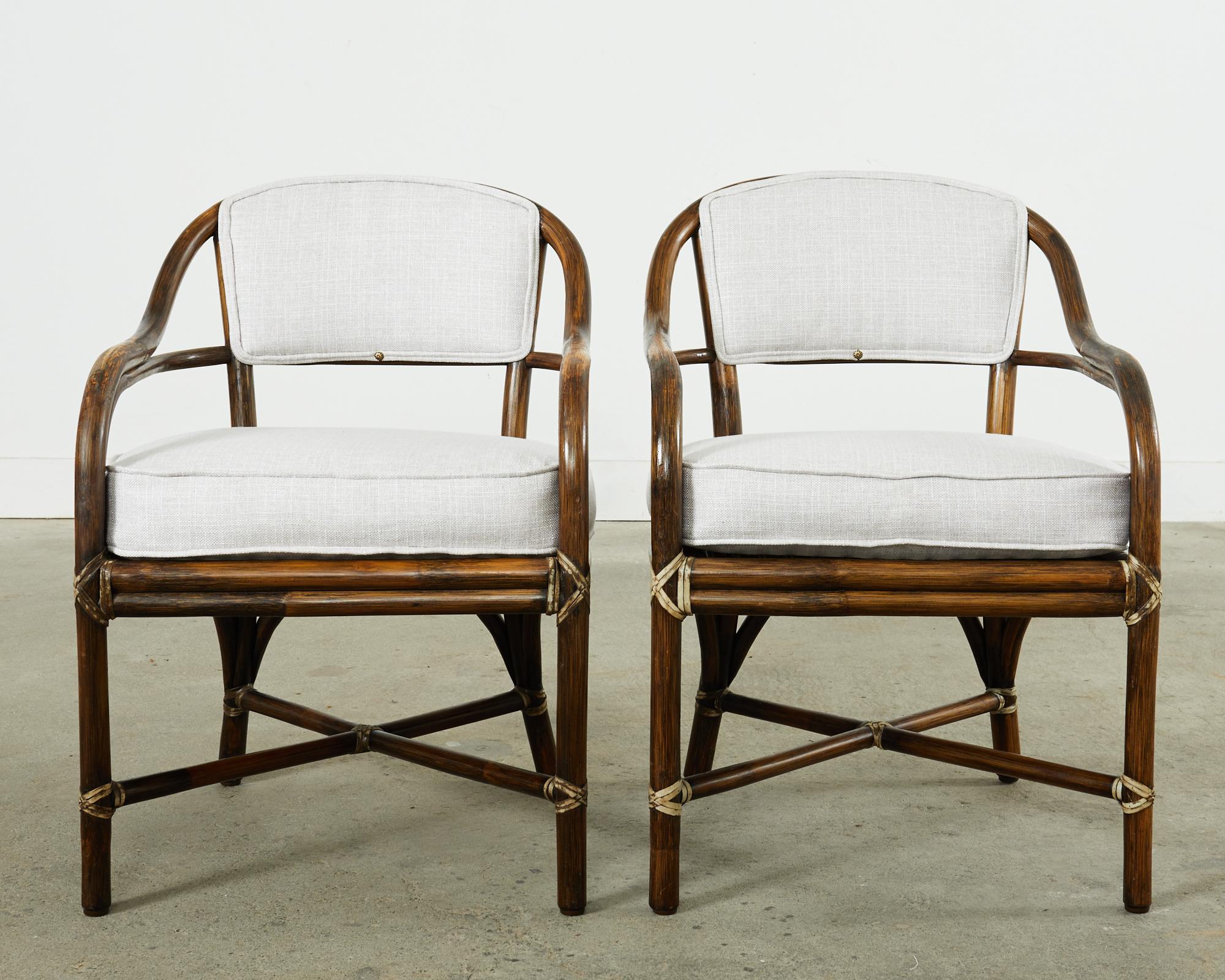 Organic Modern Pair of McGuire Armchairs with Linen Style Upholstery