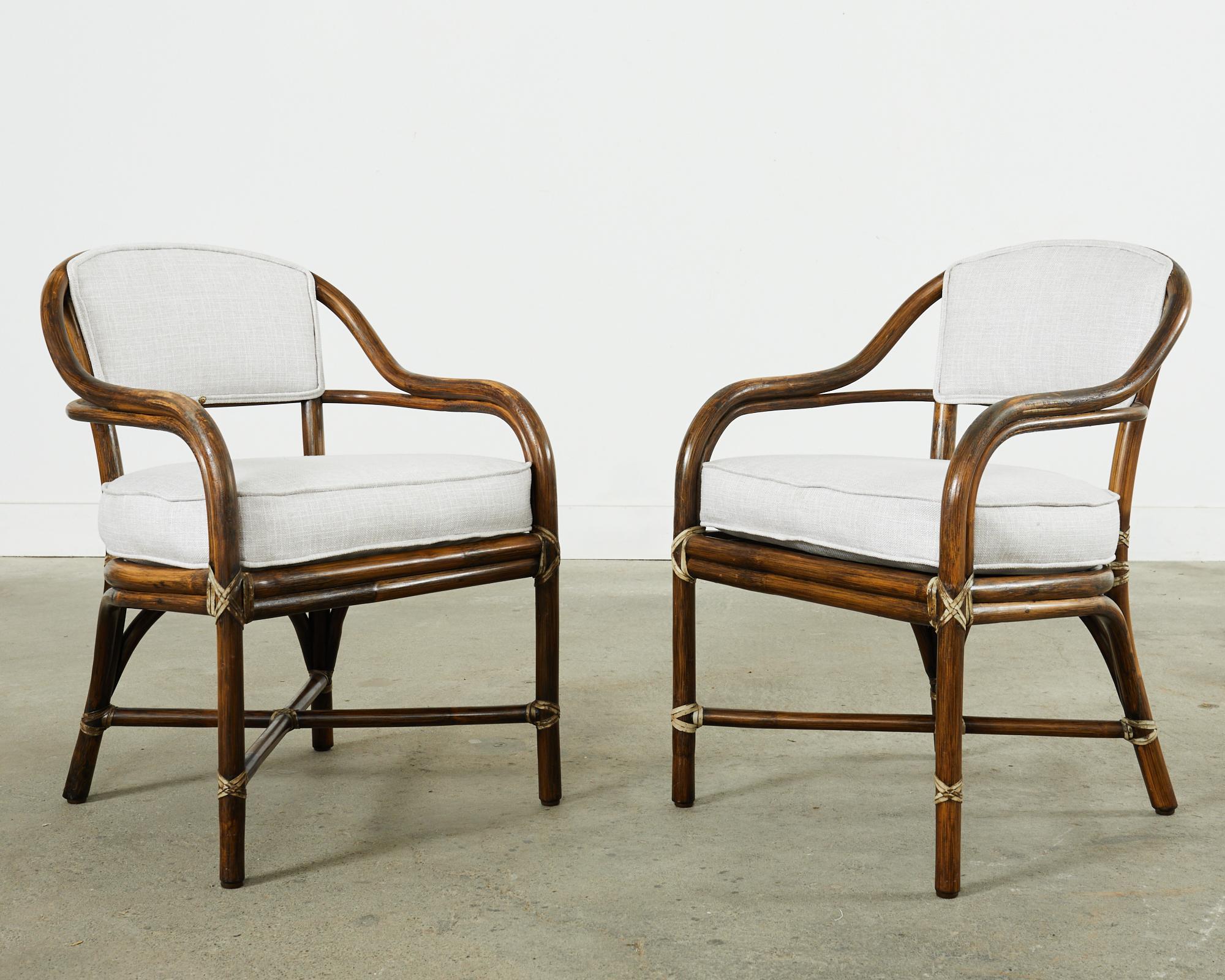 Hand-Crafted Pair of McGuire Armchairs with Linen Style Upholstery