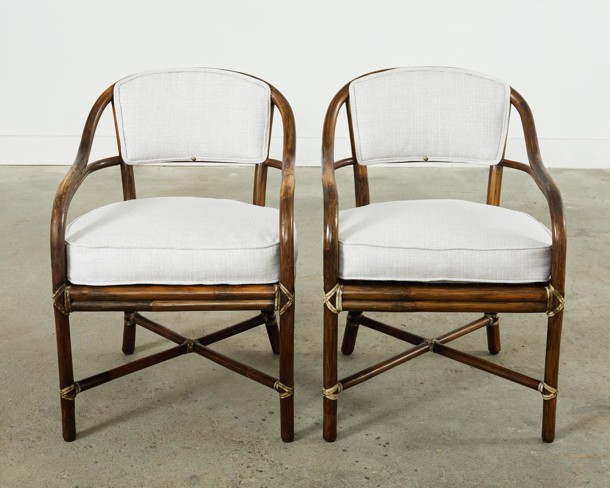 Pair of McGuire Armchairs with Linen Style Upholstery In Good Condition In Rio Vista, CA