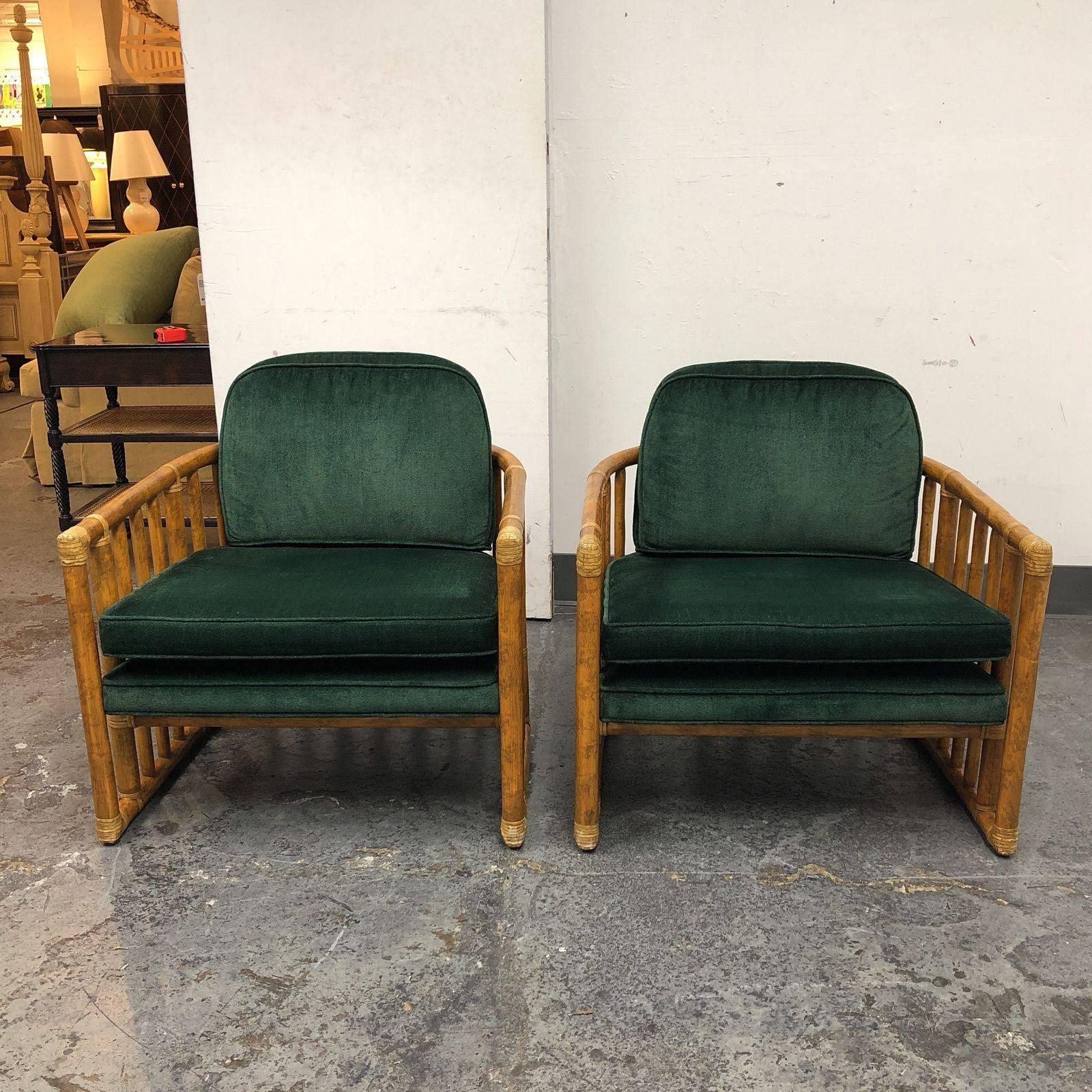 International Style Pair of McGuire Bamboo and Leather Wrap Barrel Chairs