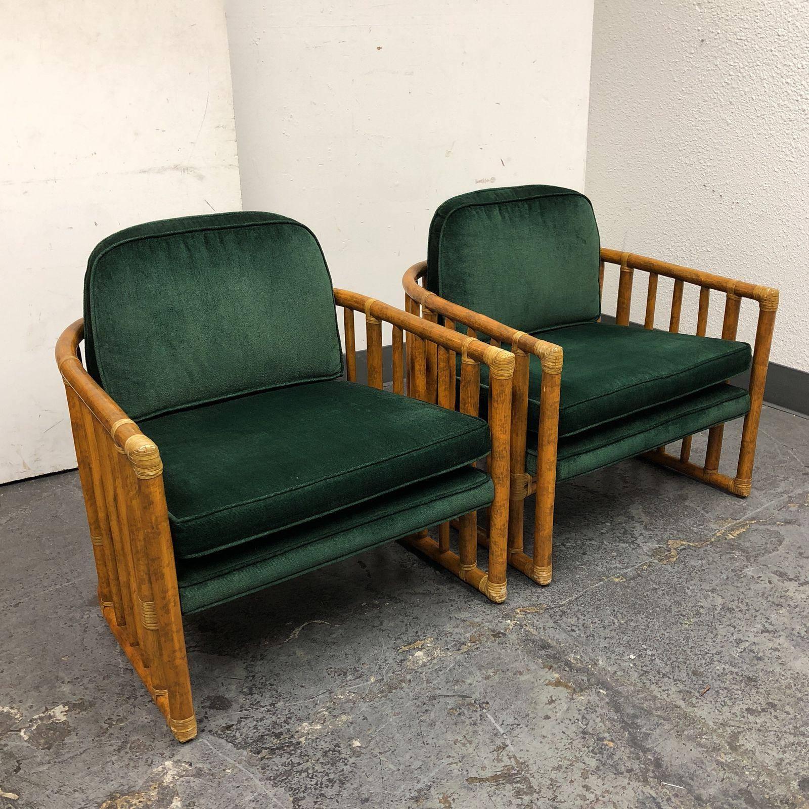American Pair of McGuire Bamboo and Leather Wrap Barrel Chairs