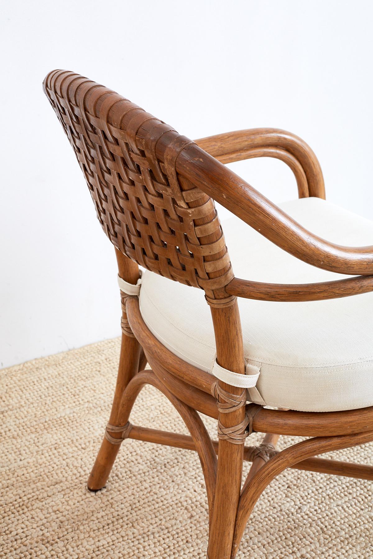 Pair of McGuire Bamboo and Woven Leather Armchairs 3