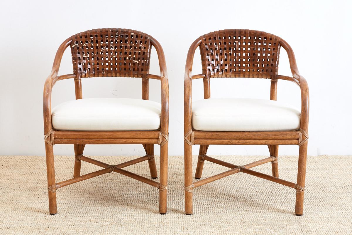 Organic Modern Pair of McGuire Bamboo and Woven Leather Armchairs