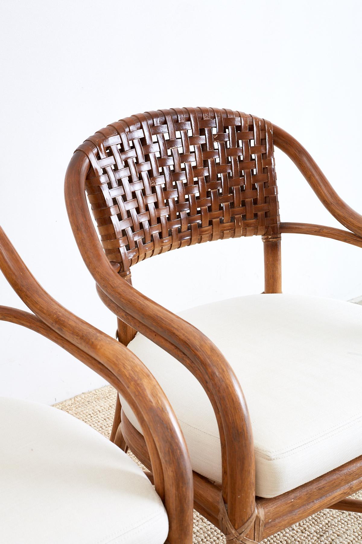 American Pair of McGuire Bamboo and Woven Leather Armchairs