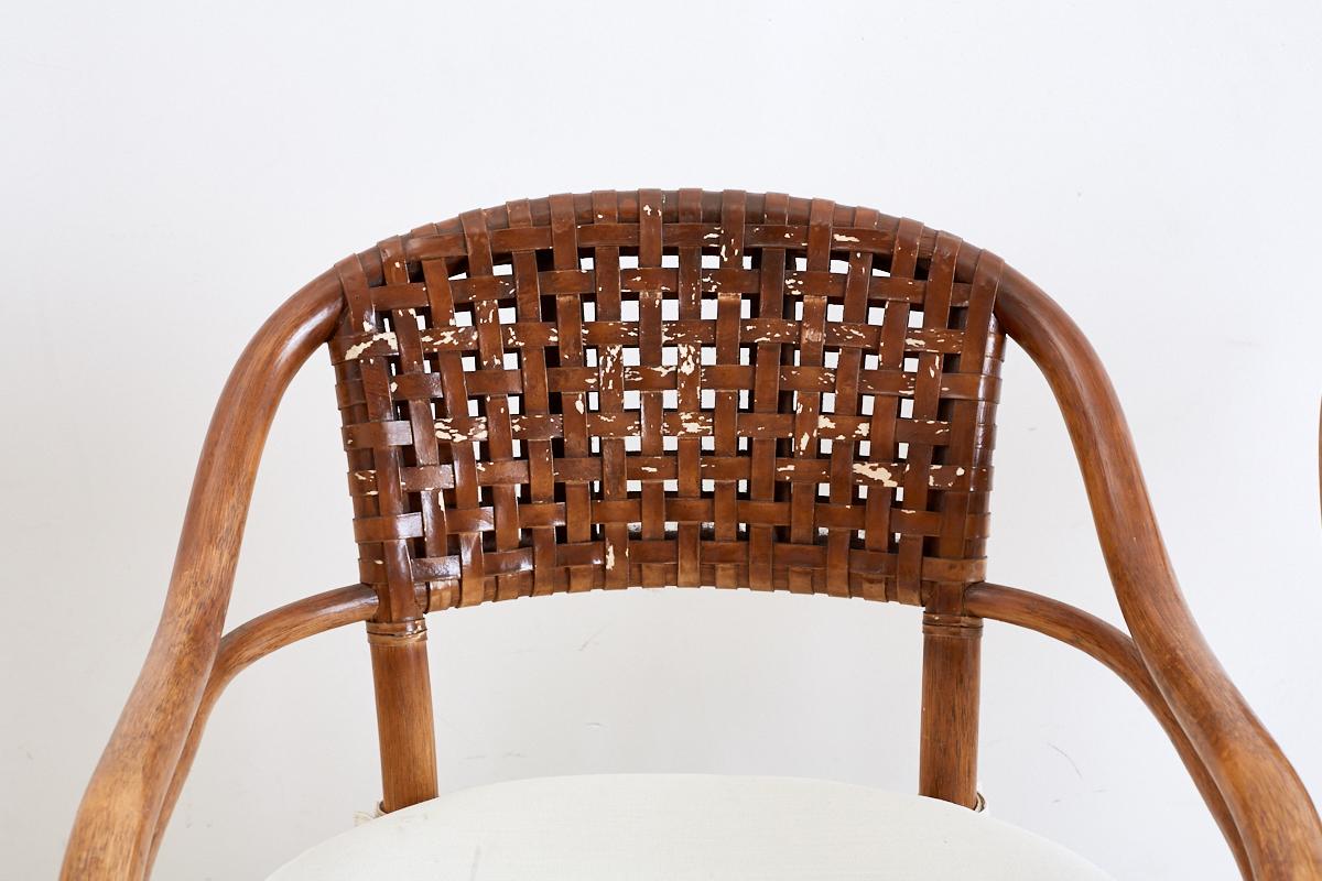 Hand-Crafted Pair of McGuire Bamboo and Woven Leather Armchairs